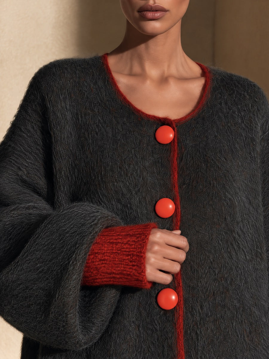 Women's Oversized Knit Cardigan With Contrast Red Pockets And Buttons