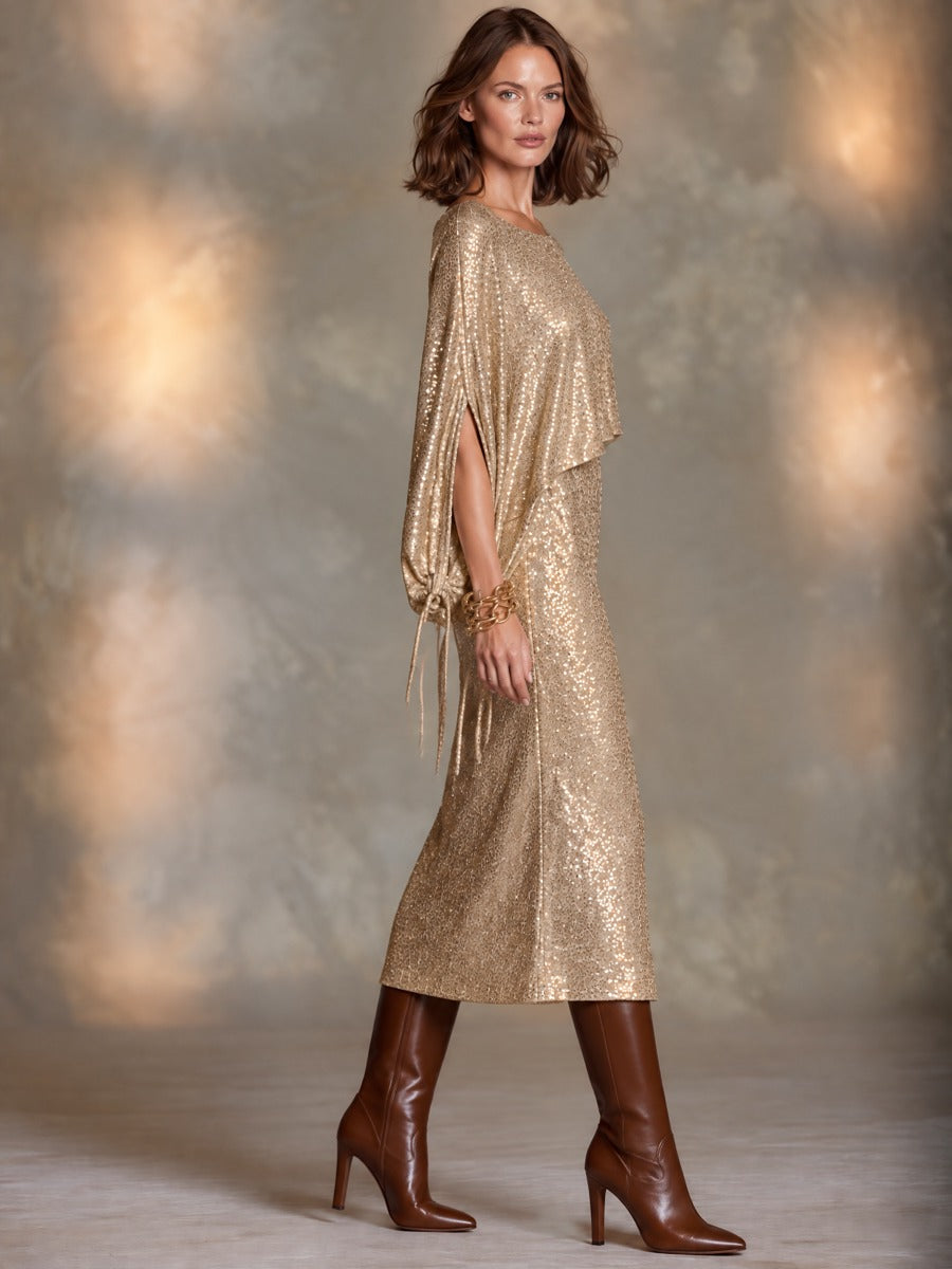 Women's Elegant Cape Sleeve Sequin Midi Dress