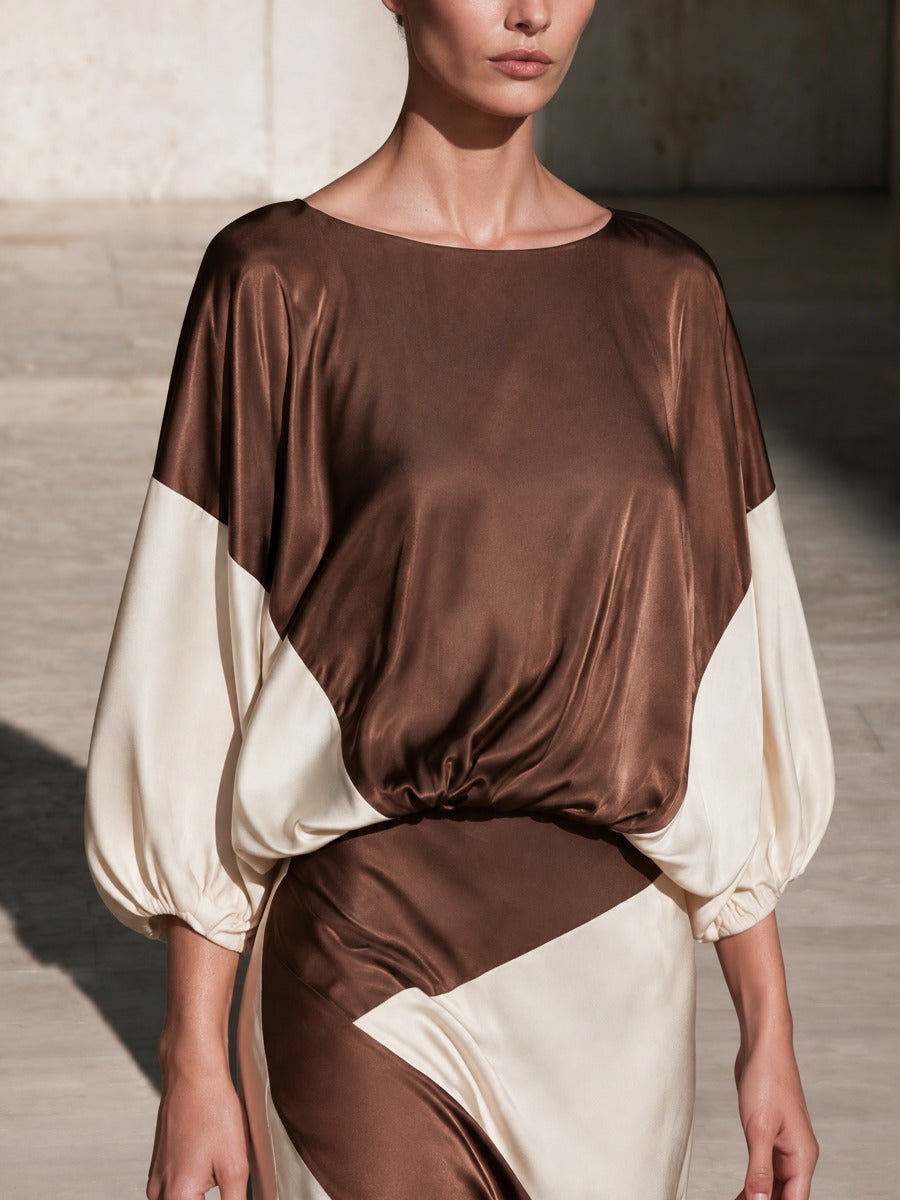Women's Color Block Balloon Sleeve 2-Piece Set