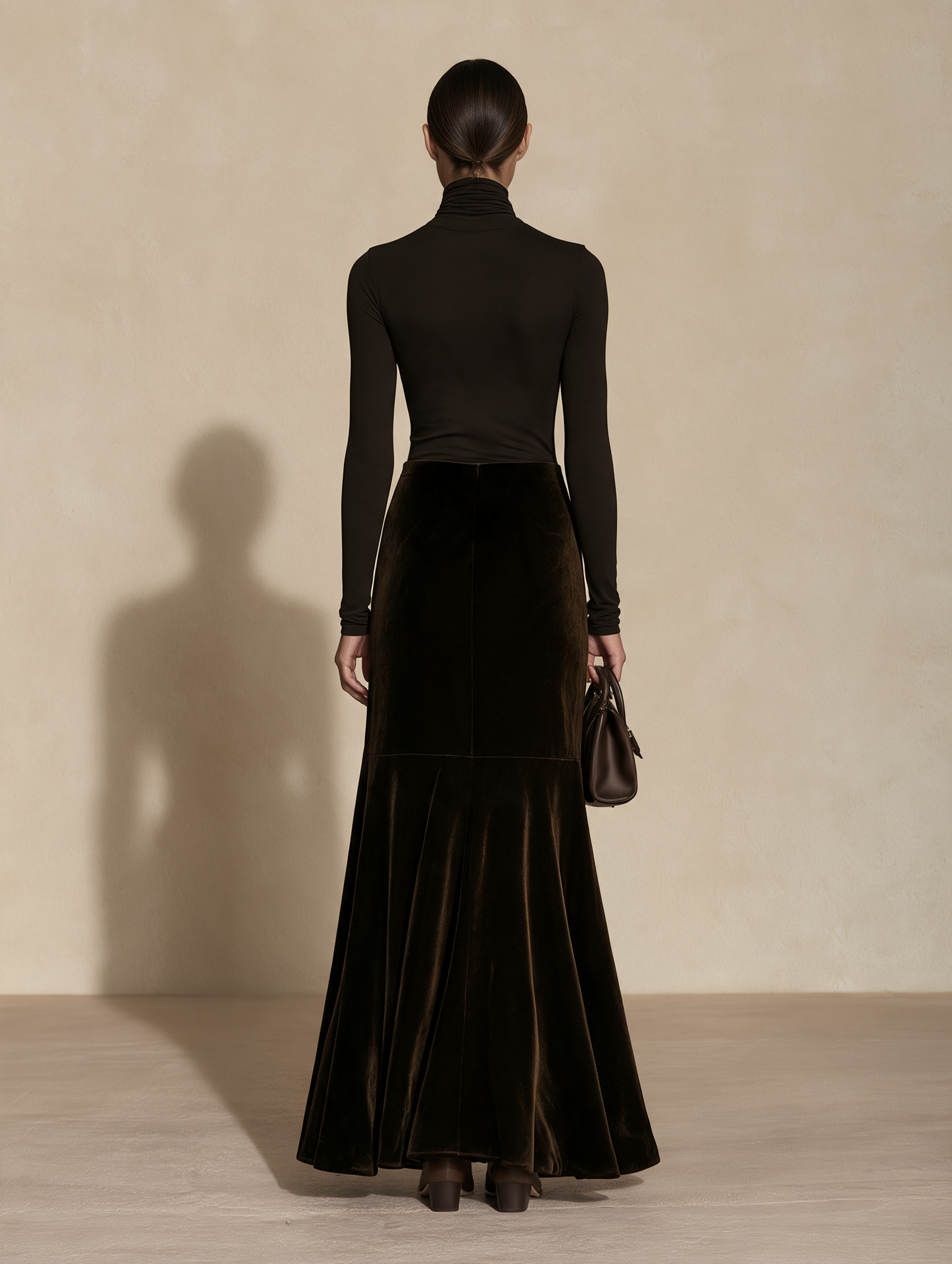 Women's Turtleneck Top Velvet Mermaid Skirt Brown Set
