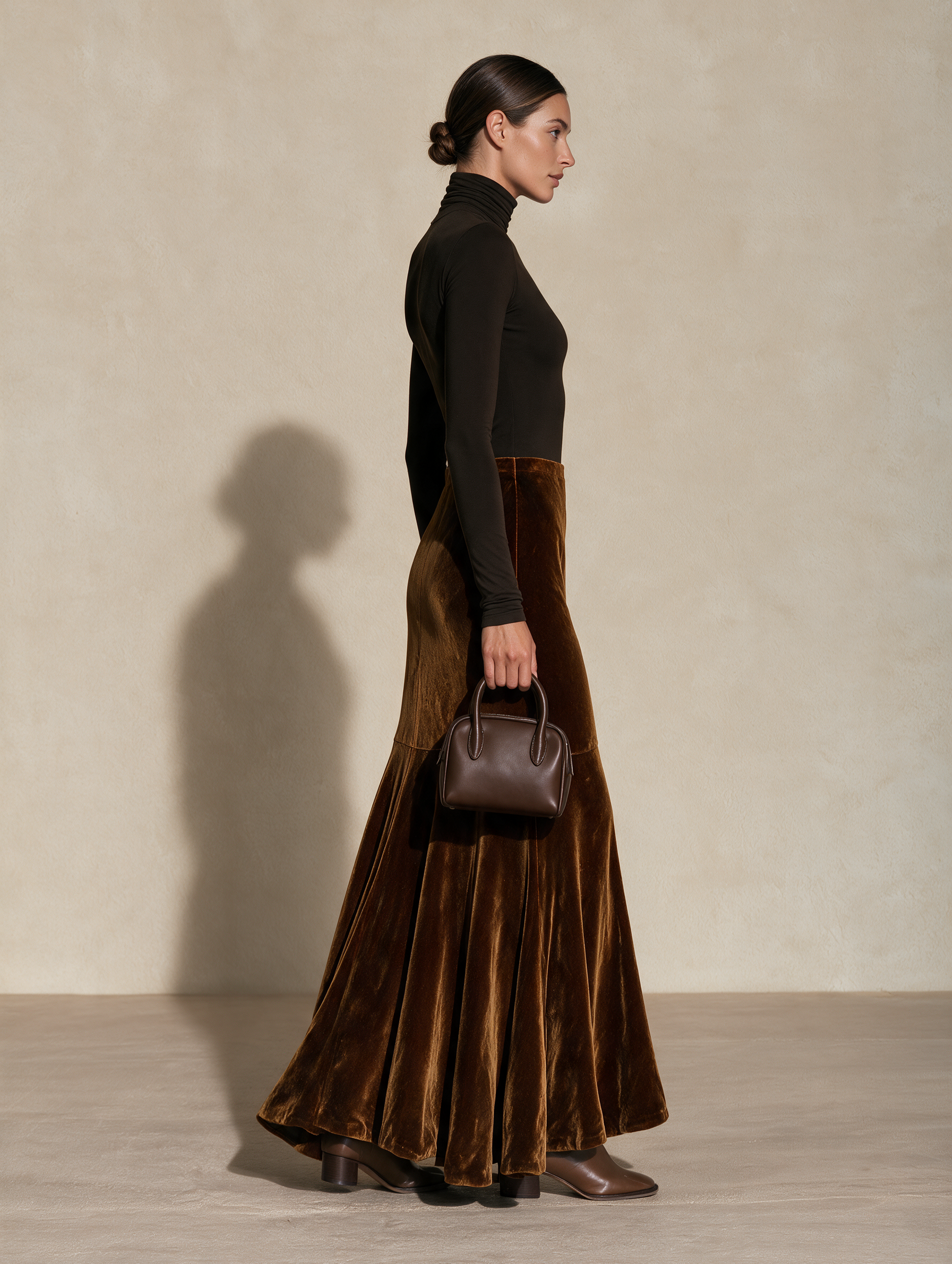 Women's Turtleneck Top Velvet Mermaid Skirt Brown Set