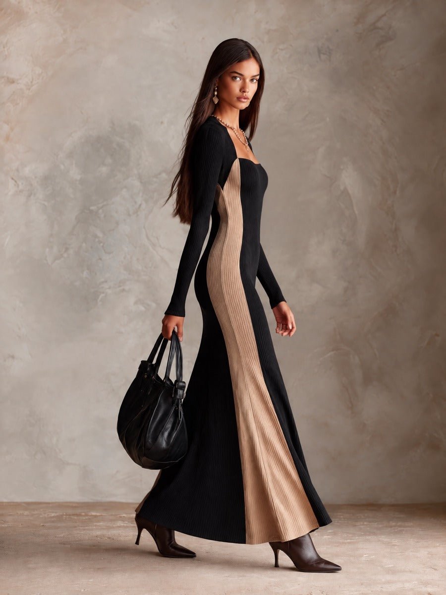 Women’s Square-Neck Color-Block Knitted Maxi Dress