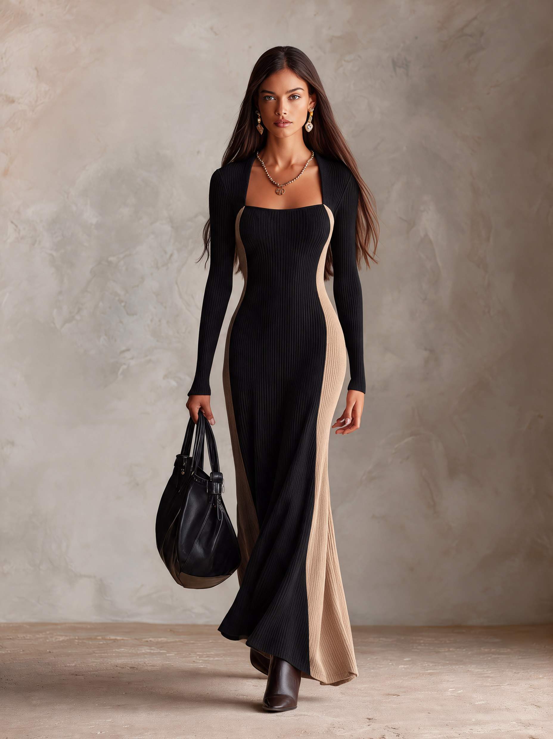 Women’s Square-Neck Color-Block Knitted Maxi Dress
