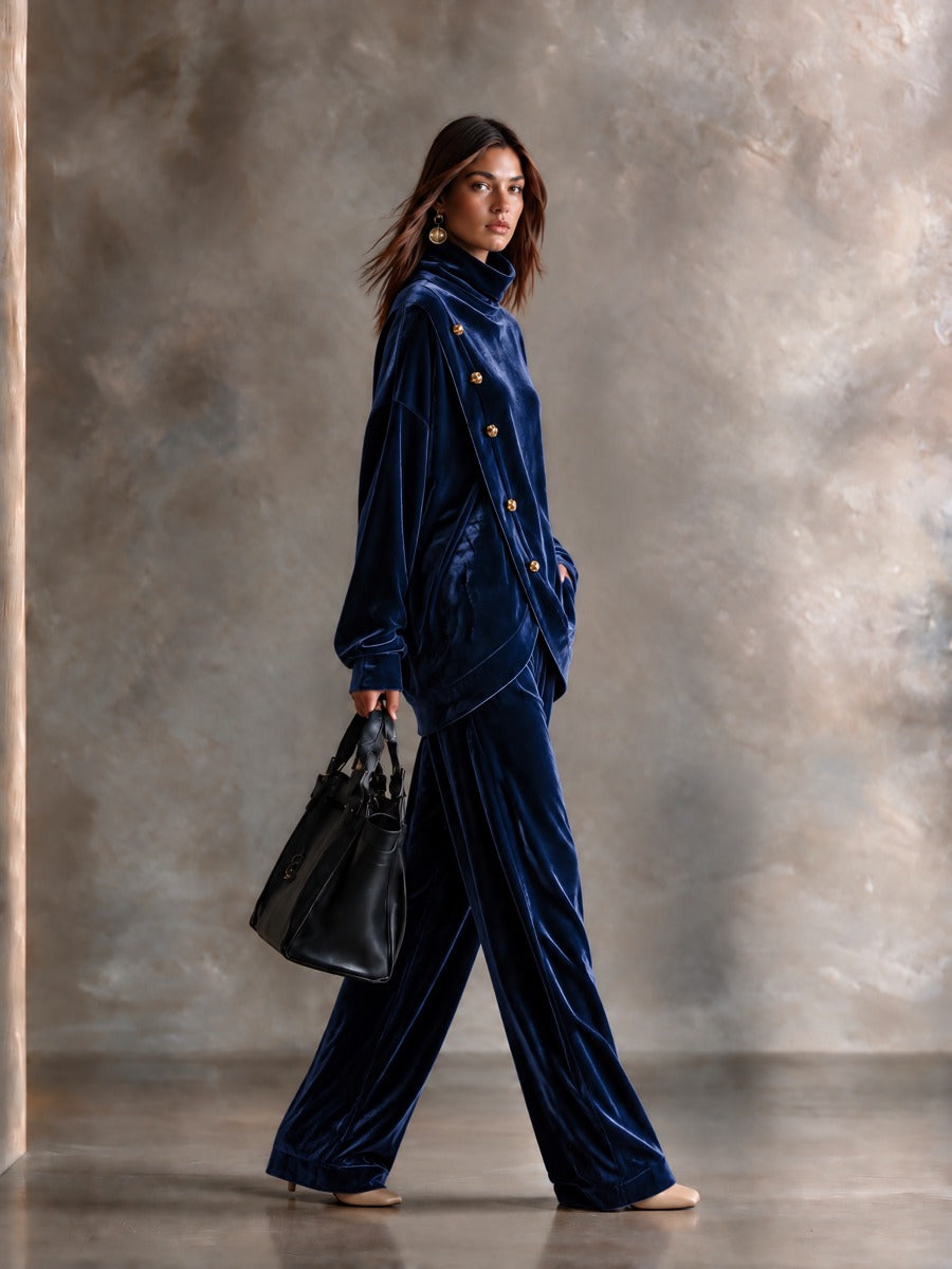 Women’s Velvet Two-Piece Set With High Neck And Asymmetric Metal Buttons