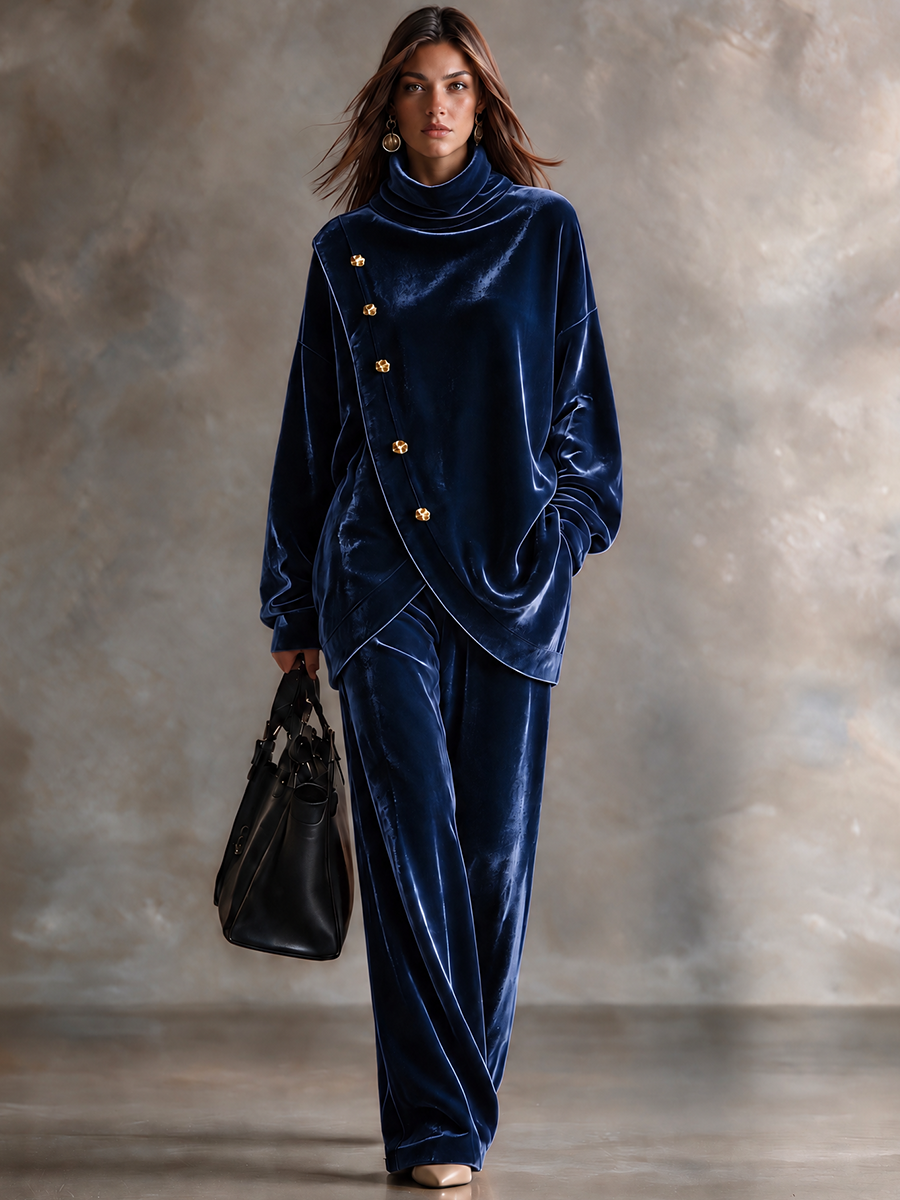 Women’s Velvet Two-Piece Set With High Neck And Asymmetric Metal Buttons