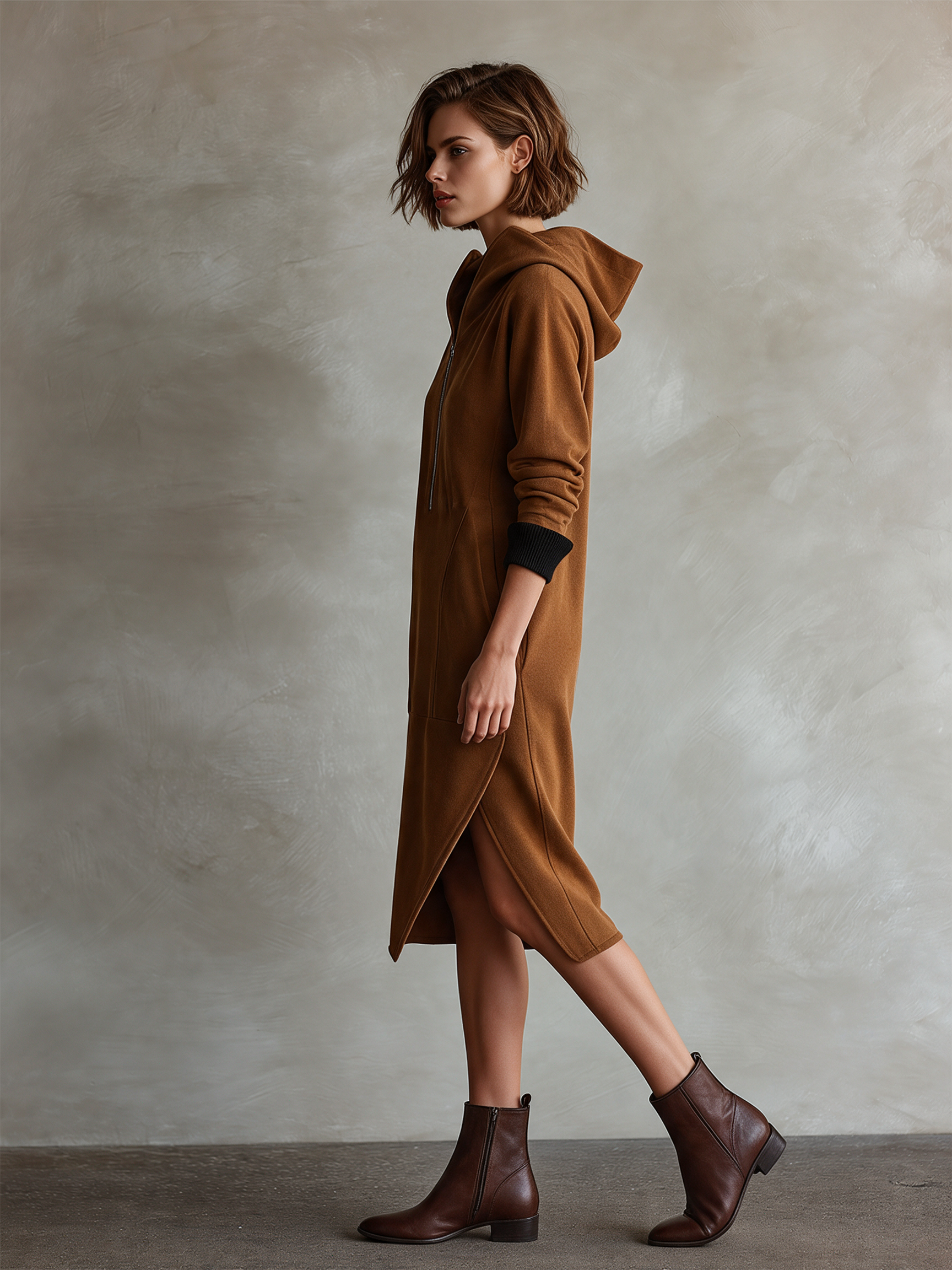 Women's Caramel Brown Sweatshirt Fabric Hooded Half‑Zip Midi Dress With Ribbed Cuffs And Wrap Hem