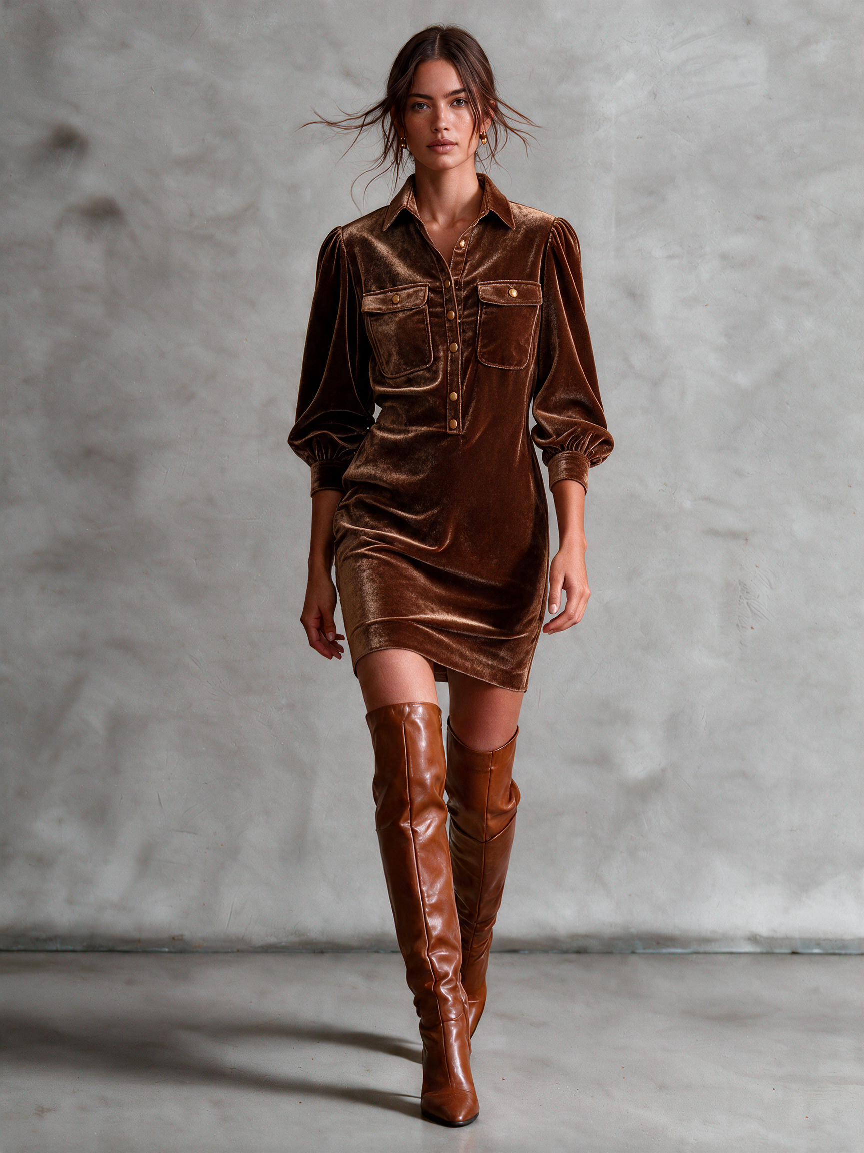 Women's Caramel Brown Velvet Shirt Collar Half‑Button Puff Sleeve Mini Dress With Chest Flap Pockets