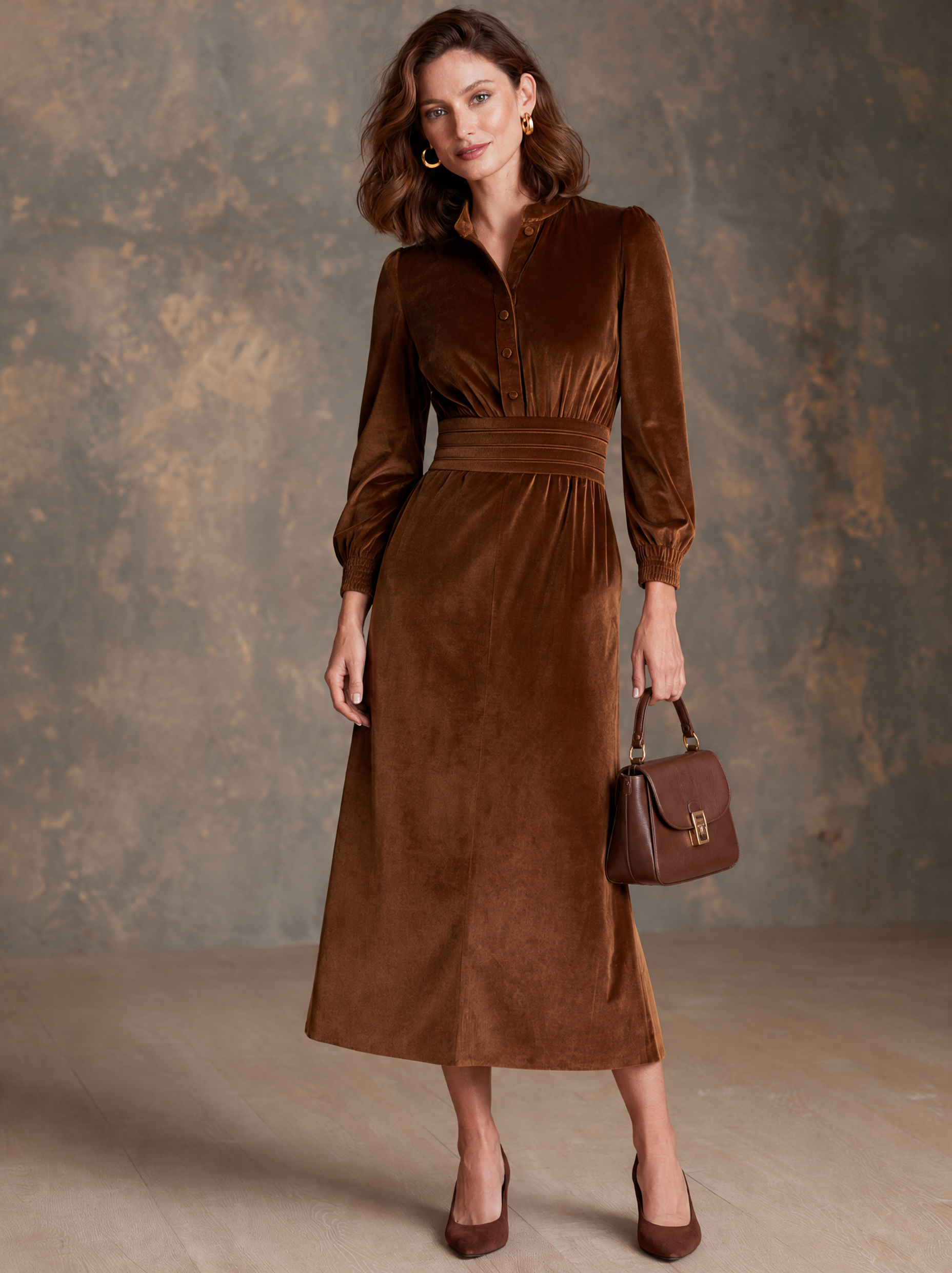 Women’s Stand-Collar Half-Button Velvet Midi Dress
