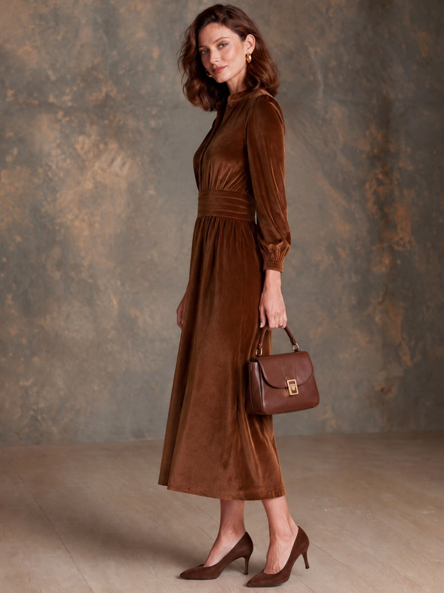 Women’s Stand-Collar Half-Button Velvet Midi Dress