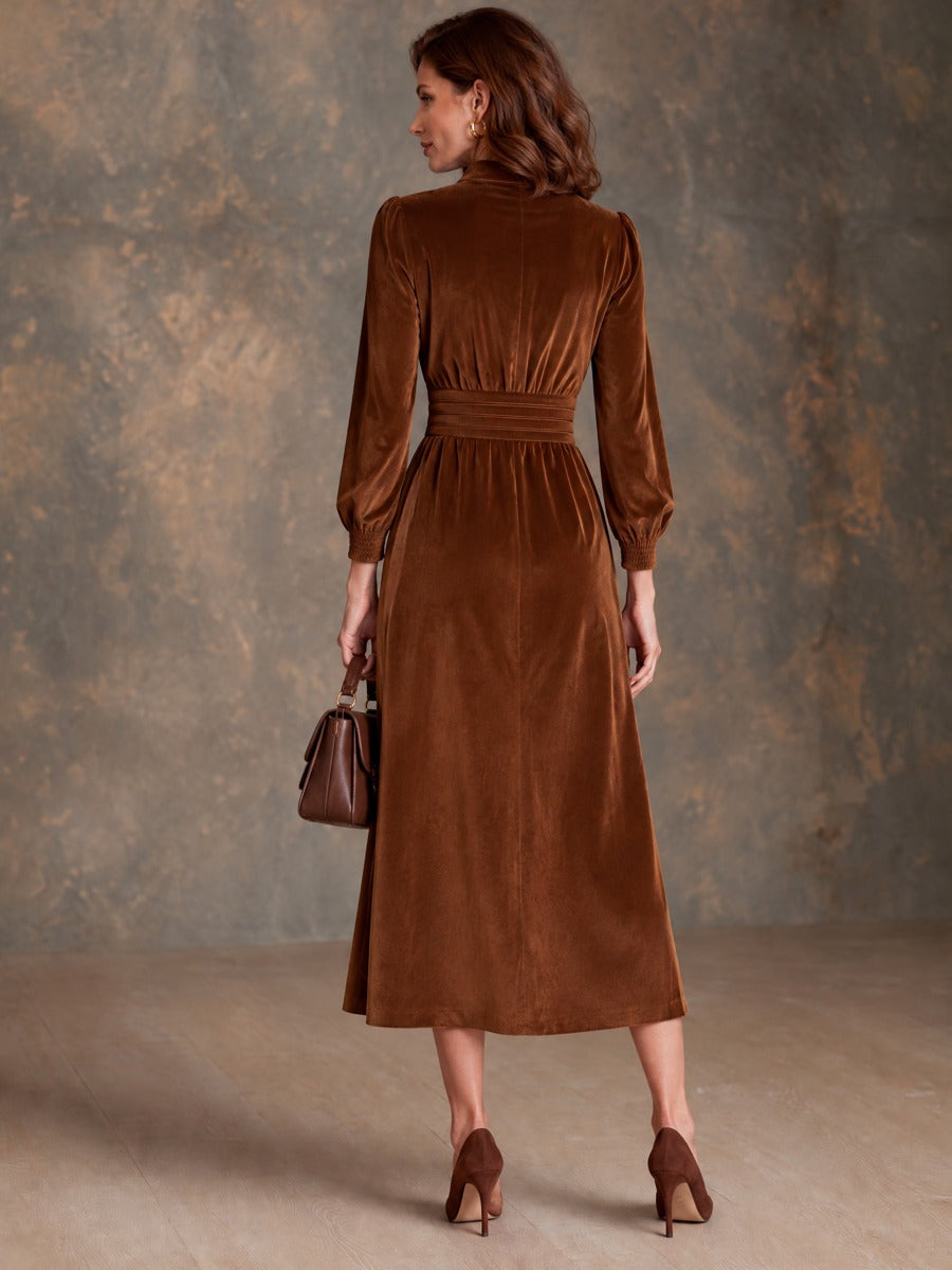 Women’s Stand-Collar Half-Button Velvet Midi Dress