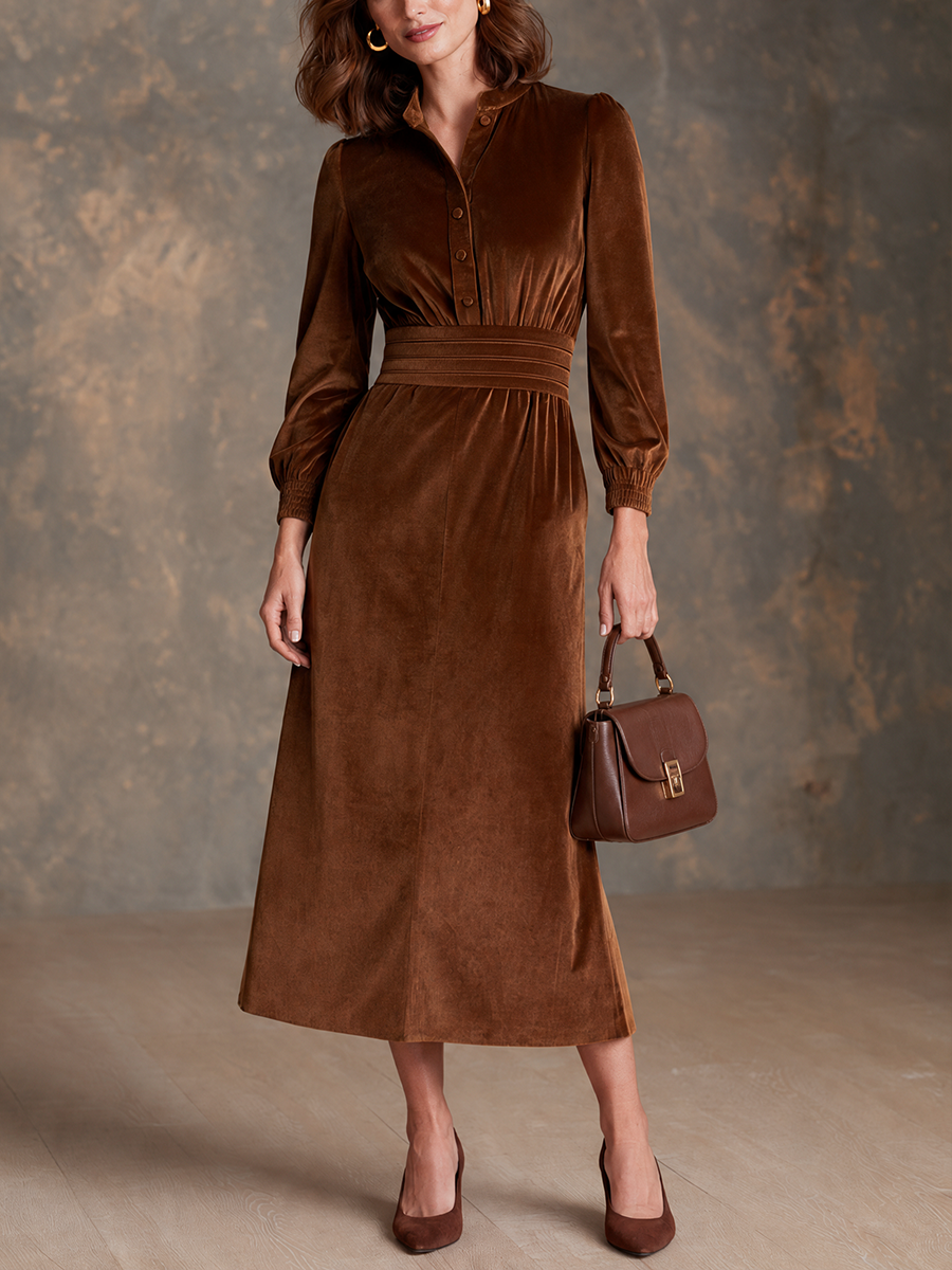 Women’s Stand-Collar Half-Button Velvet Midi Dress