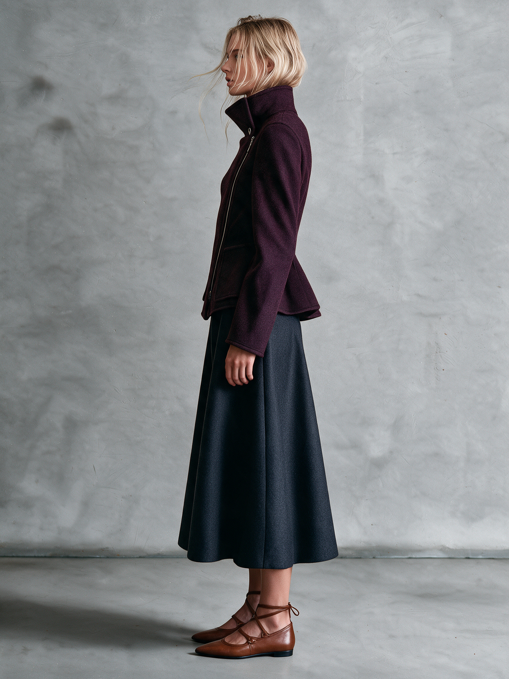 Women's Aubergine Woolen Funnel‑Neck Asymmetric Zip Jacket With Flap Pockets And Peplum Hem