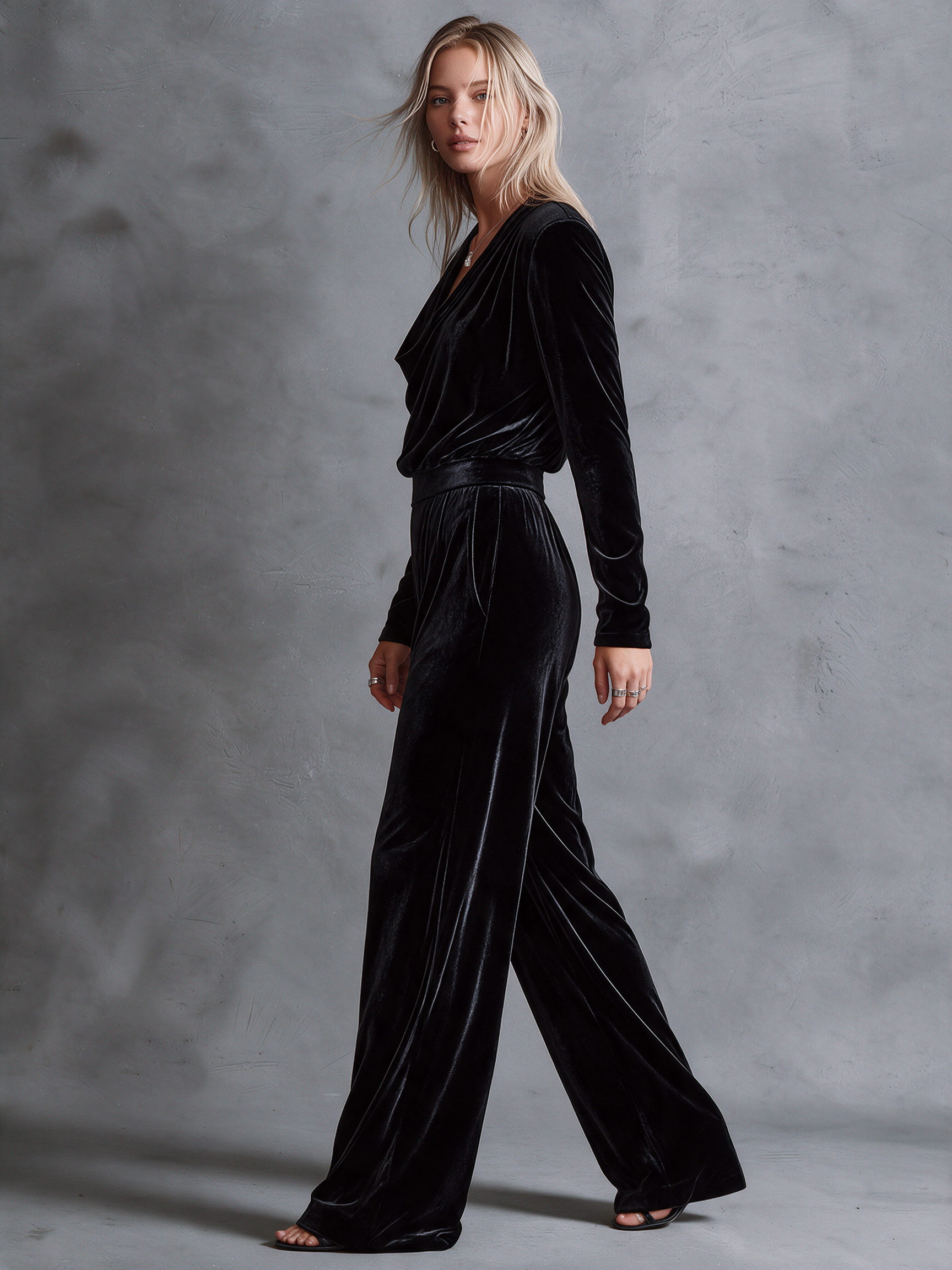 Women's Black Velvet Cowl‑Neck Padded Shoulder Top & High‑Waist Wide‑Leg Pants Two‑Piece Set