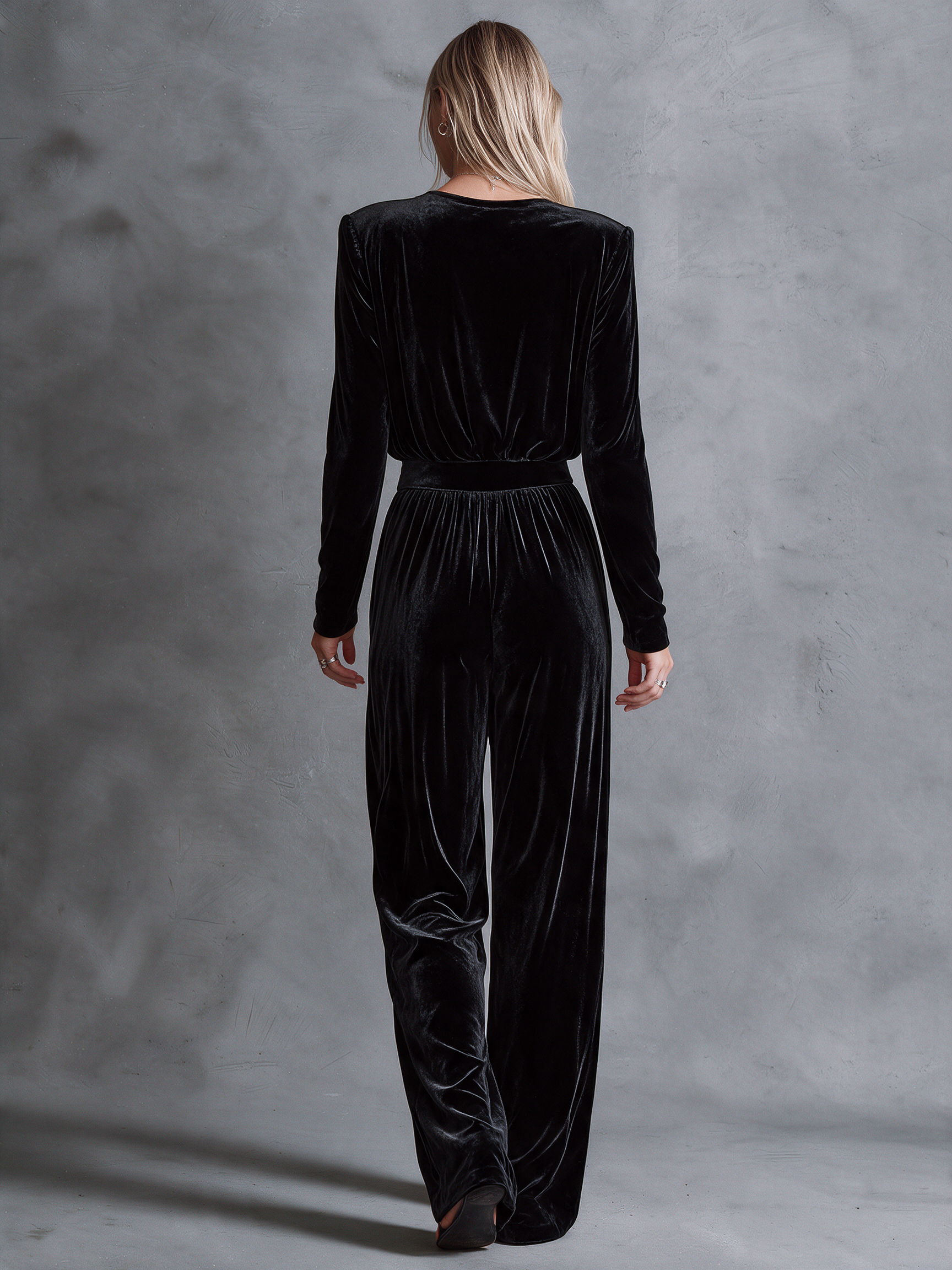 Women's Black Velvet Cowl‑Neck Padded Shoulder Top & High‑Waist Wide‑Leg Pants Two‑Piece Set