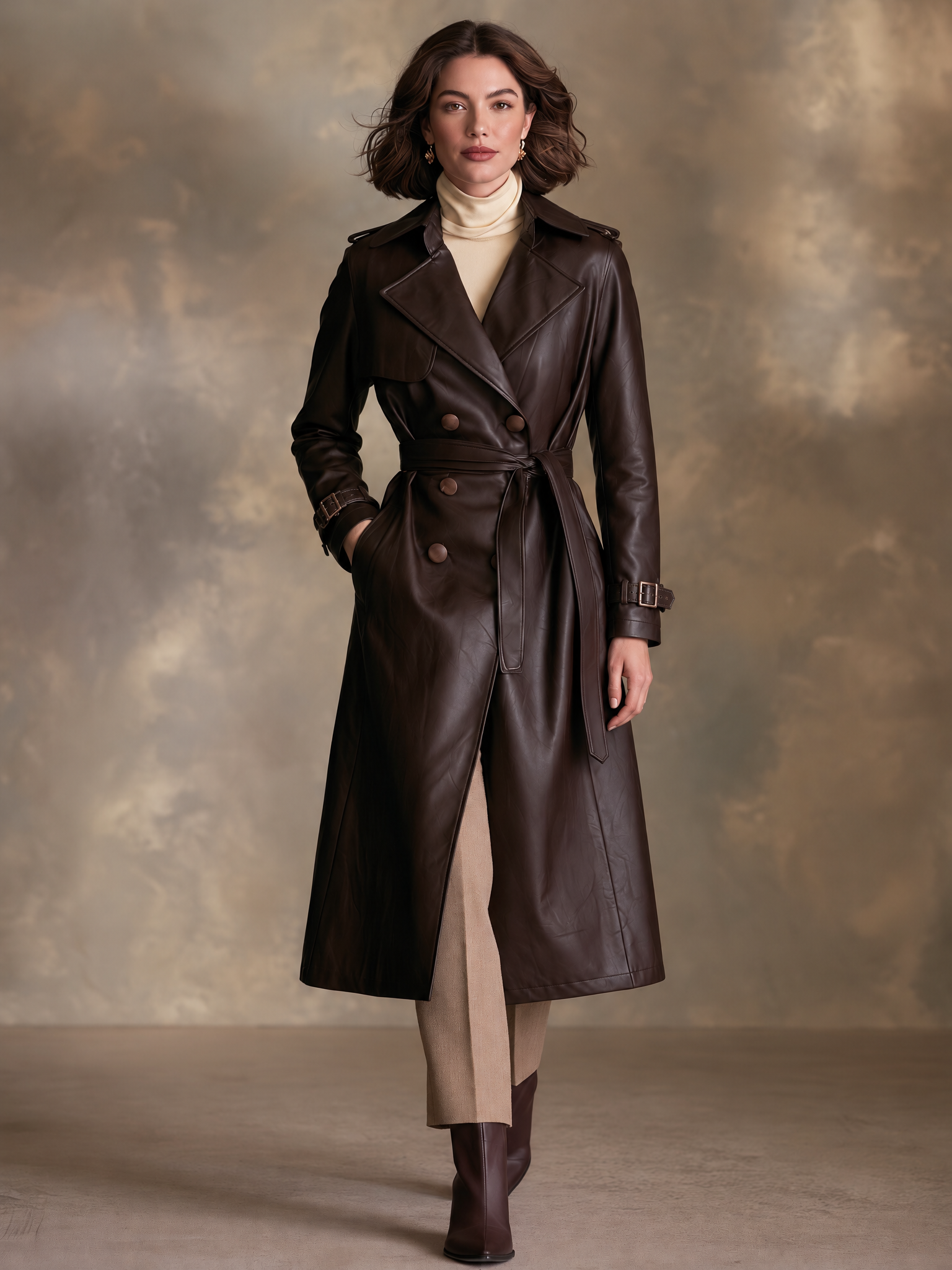 Women’s Double-Breasted Eco-Leather Long Trench Coat