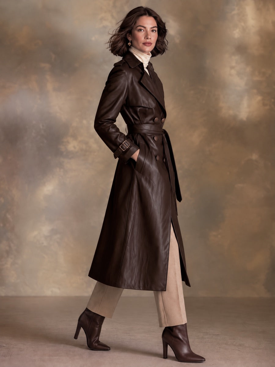 Women’s Double-Breasted Eco-Leather Long Trench Coat