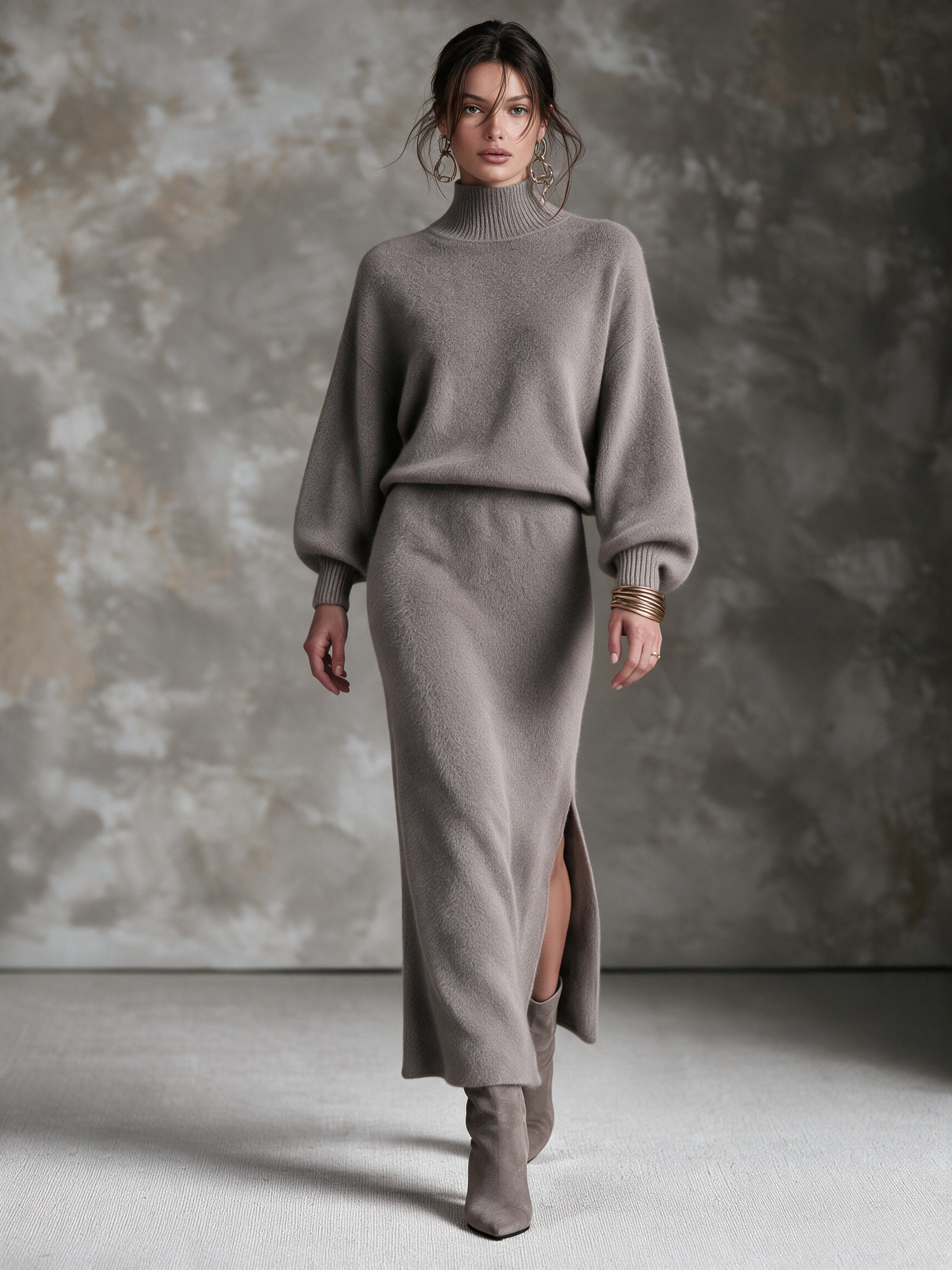 Women's Taupe Wool Knit Mock‑Neck Balloon Sleeve Sweater & Side Slit Maxi Skirt Two‑Piece Set