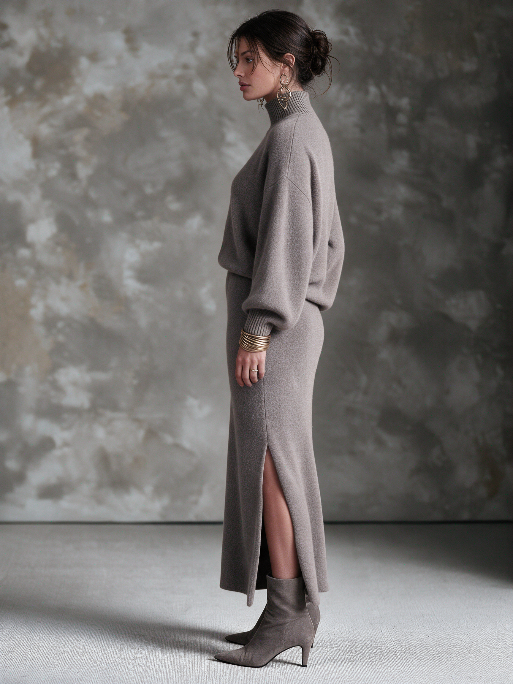 Women's Taupe Wool Knit Mock‑Neck Balloon Sleeve Sweater & Side Slit Maxi Skirt Two‑Piece Set