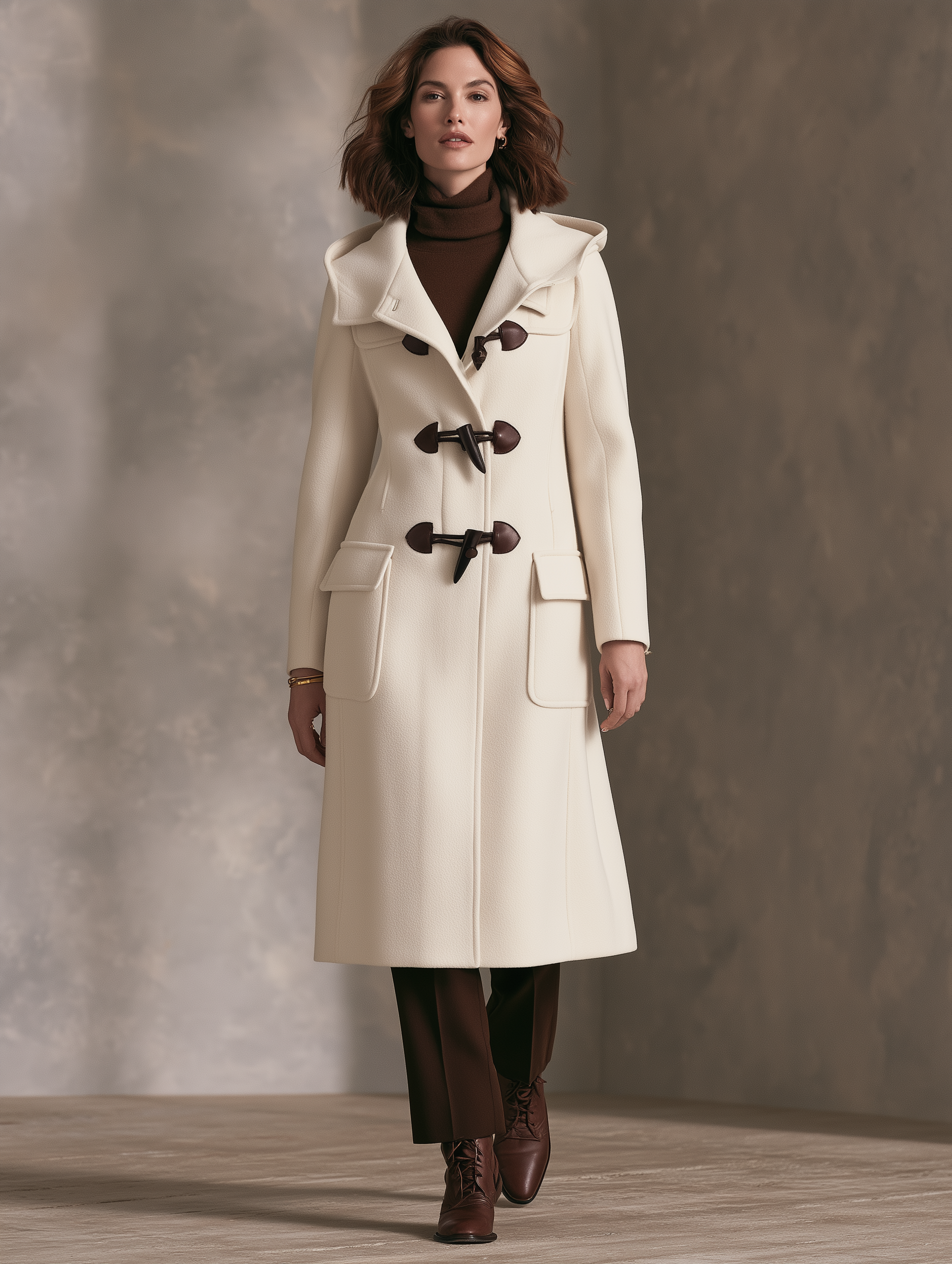 Women’s Hooded Long Wool Coat With Toggle Fastenings
