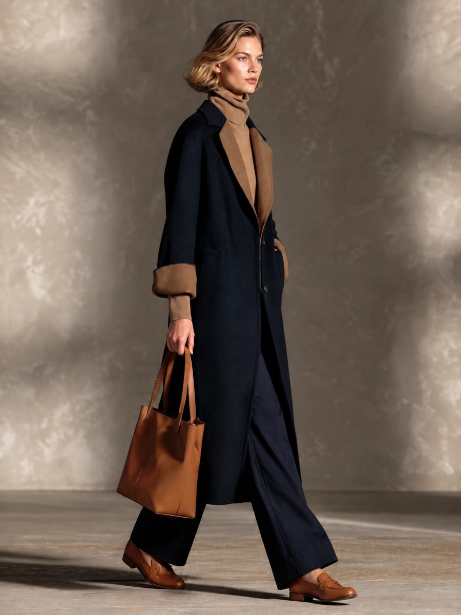 Women’s Long Wool-Blend Coat With Contrast-Color Lapels