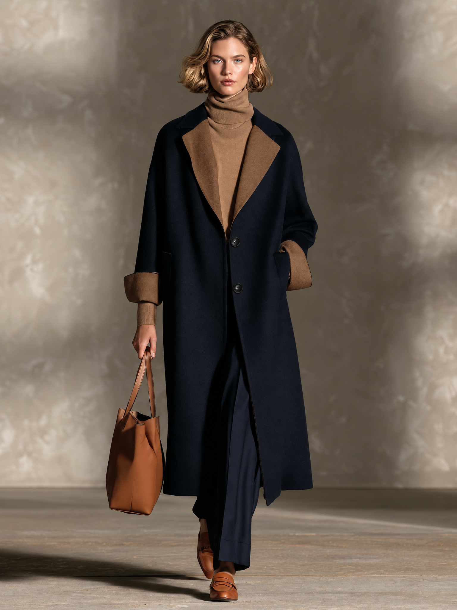 Women’s Long Wool-Blend Coat With Contrast-Color Lapels