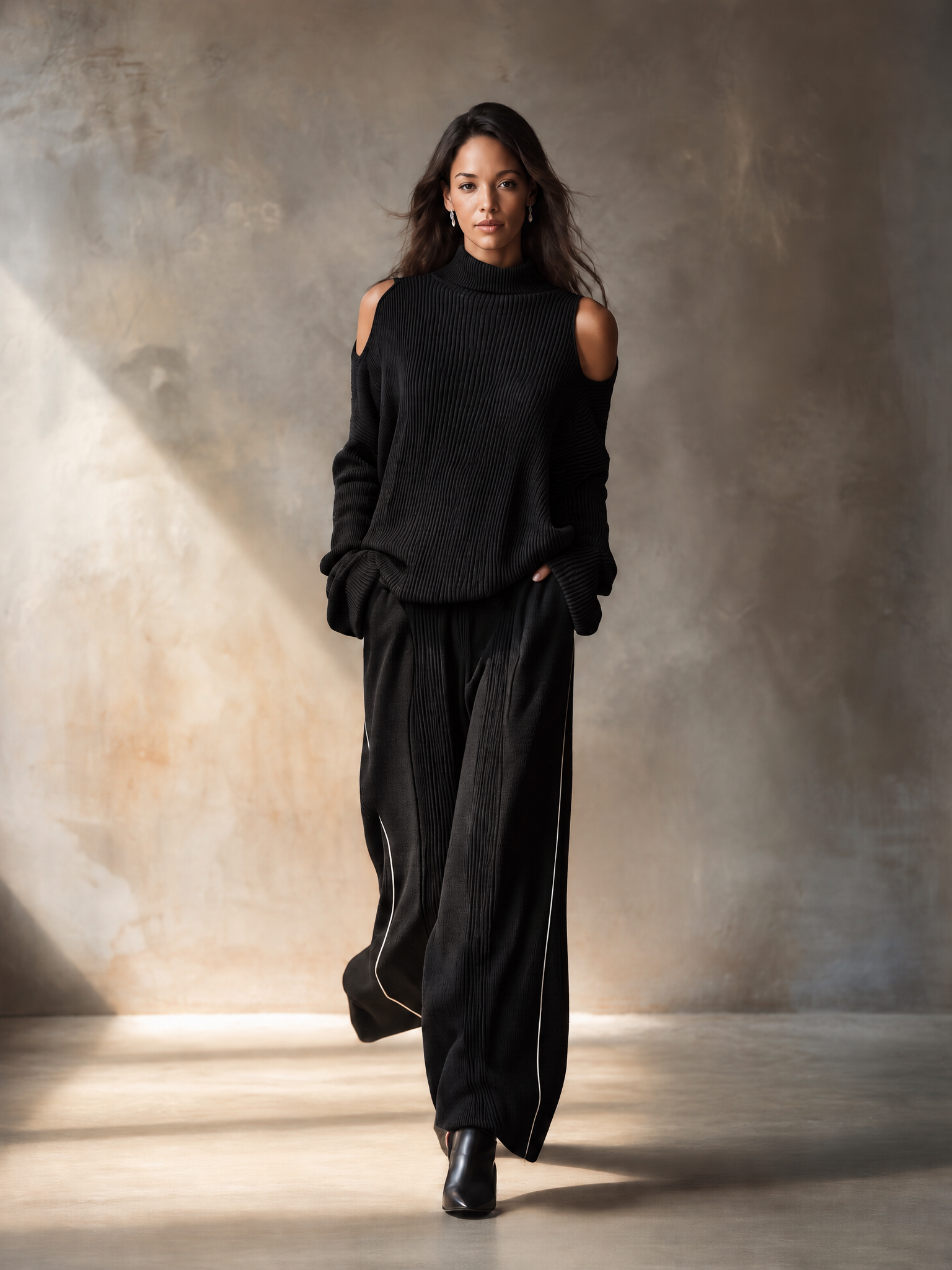 Women's Black Wool Knit Cold‑Shoulder Mock‑Neck Ribbed Sweater & Wide‑Leg Pants With Side Piping Two‑Piece Set