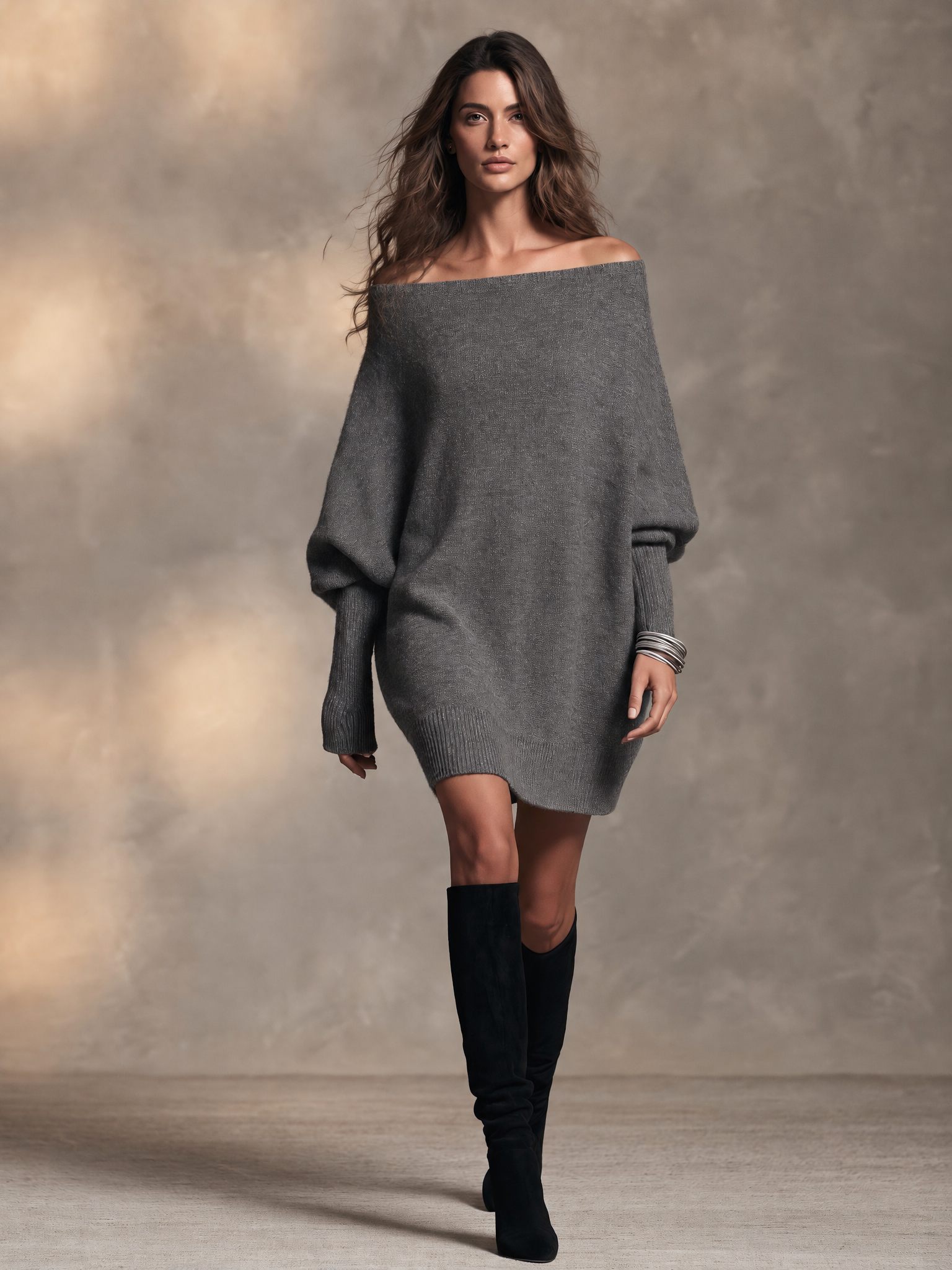 Women's Charcoal Wool Knit Off‑Shoulder Batwing Sleeve Mini Sweater Dress