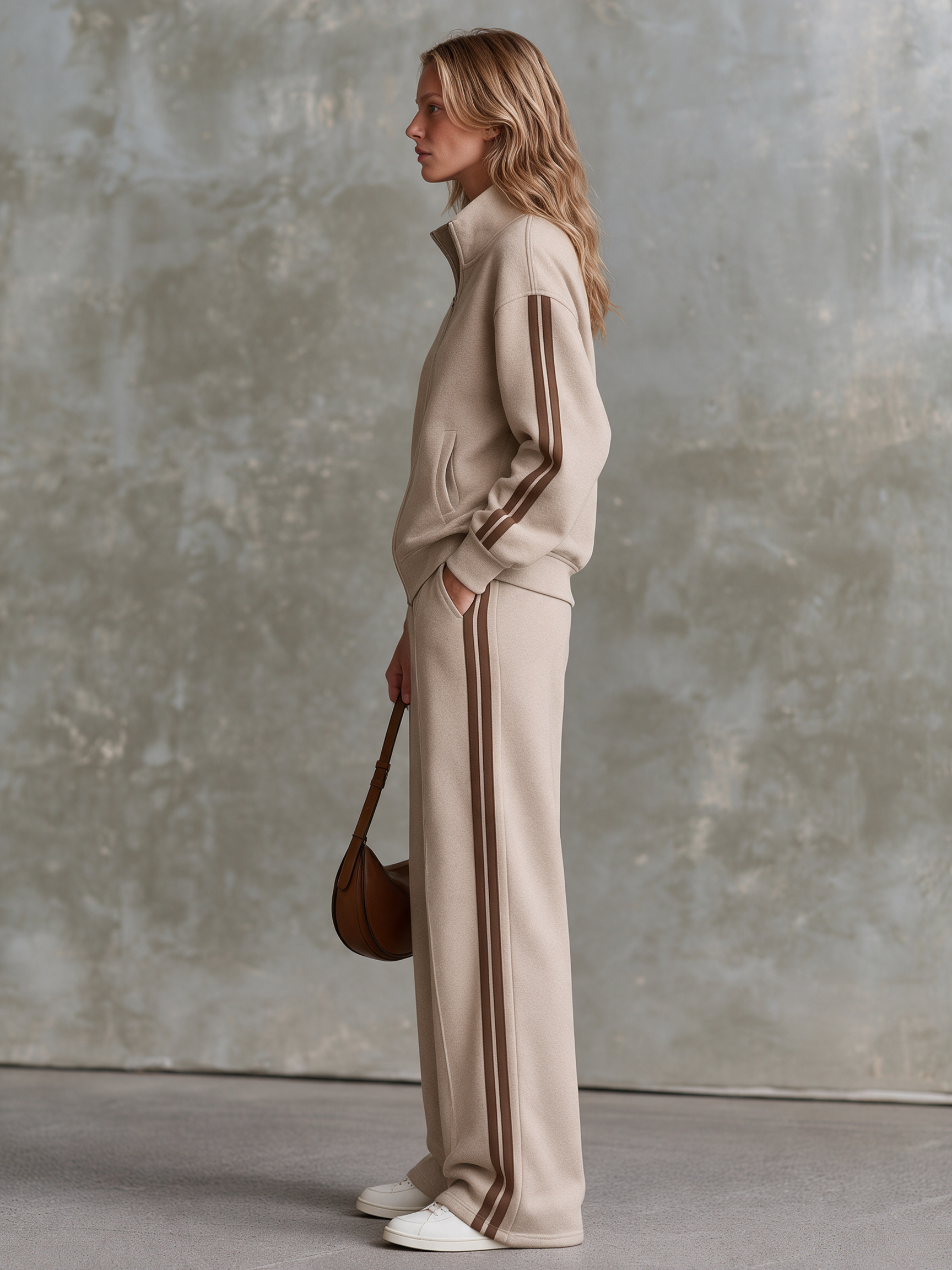 Women's Oatmeal Stand‑Collar Zip‑Up Sweatshirt Jacket & Wide‑Leg Pants With Brown Stripe Trim Two‑Piece Set