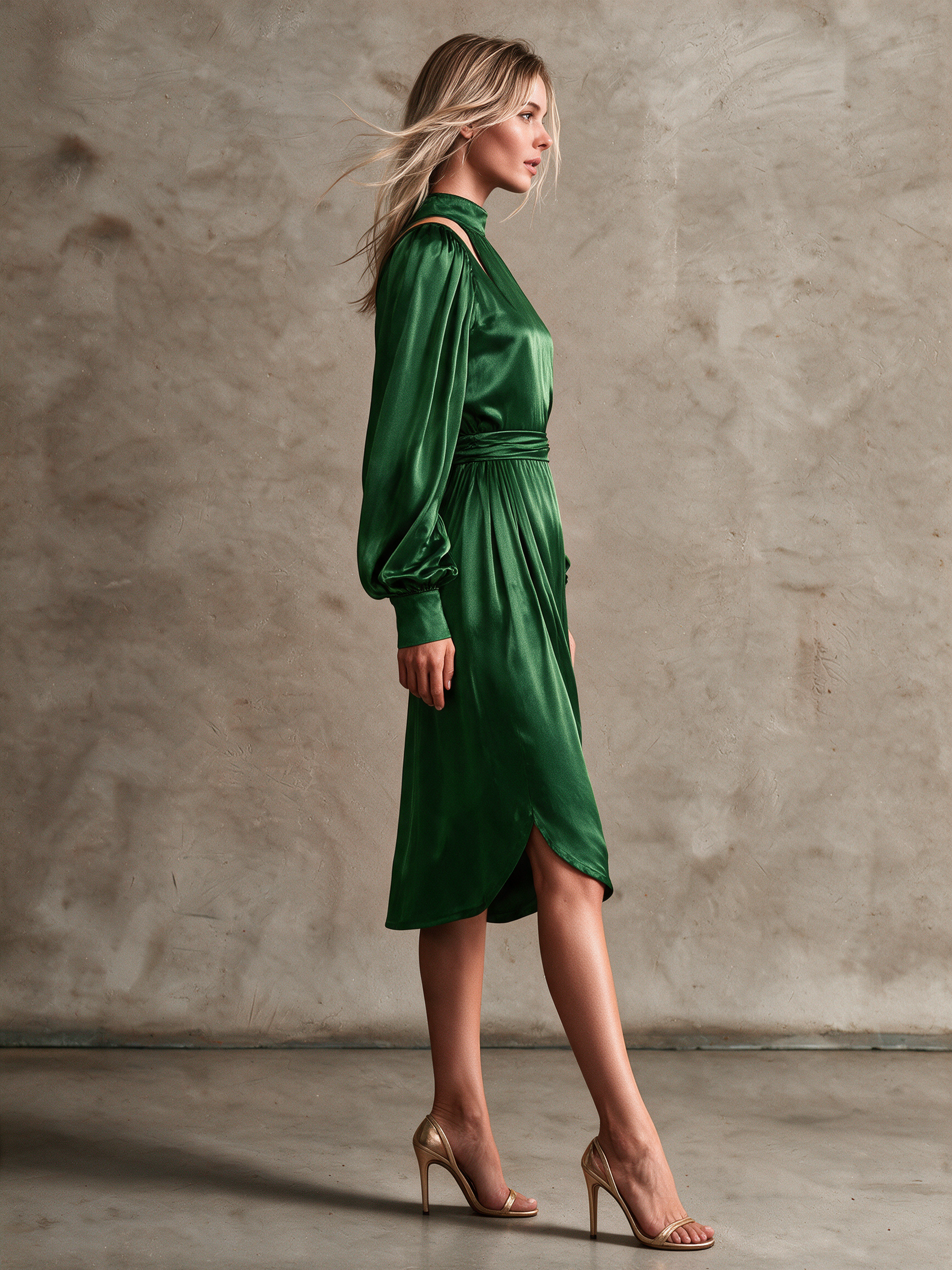 Women's Emerald Green Acetate Satin Mock‑Neck Cutout Shoulder Bishop Sleeve Gathered Waist Midi Dress With Curved Hem