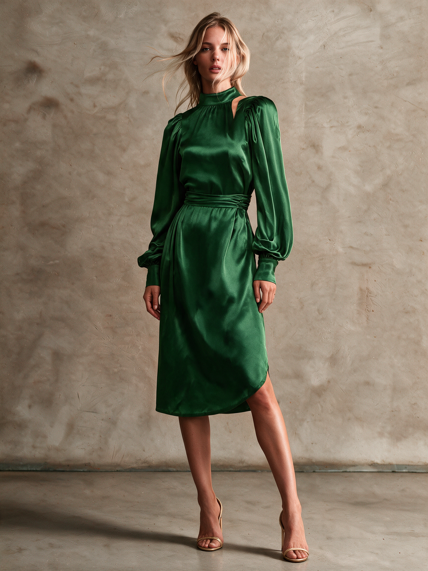 Women's Emerald Green Acetate Satin Mock‑Neck Cutout Shoulder Bishop Sleeve Gathered Waist Midi Dress With Curved Hem