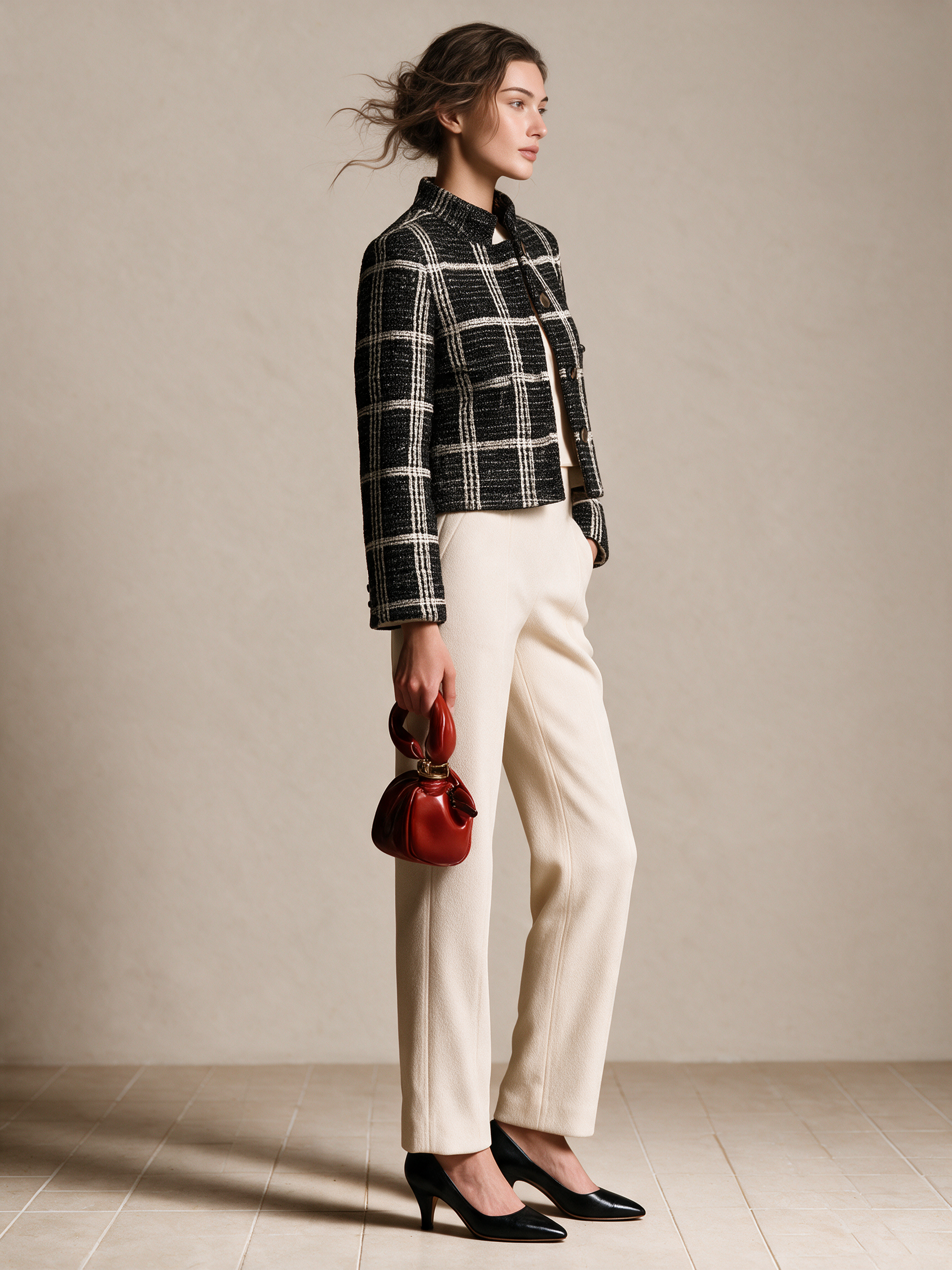 Women's Black & Cream Plaid Tweed Cropped Jacket With Stand Collar And Single‑Breasted Pearl‑Look Buttons