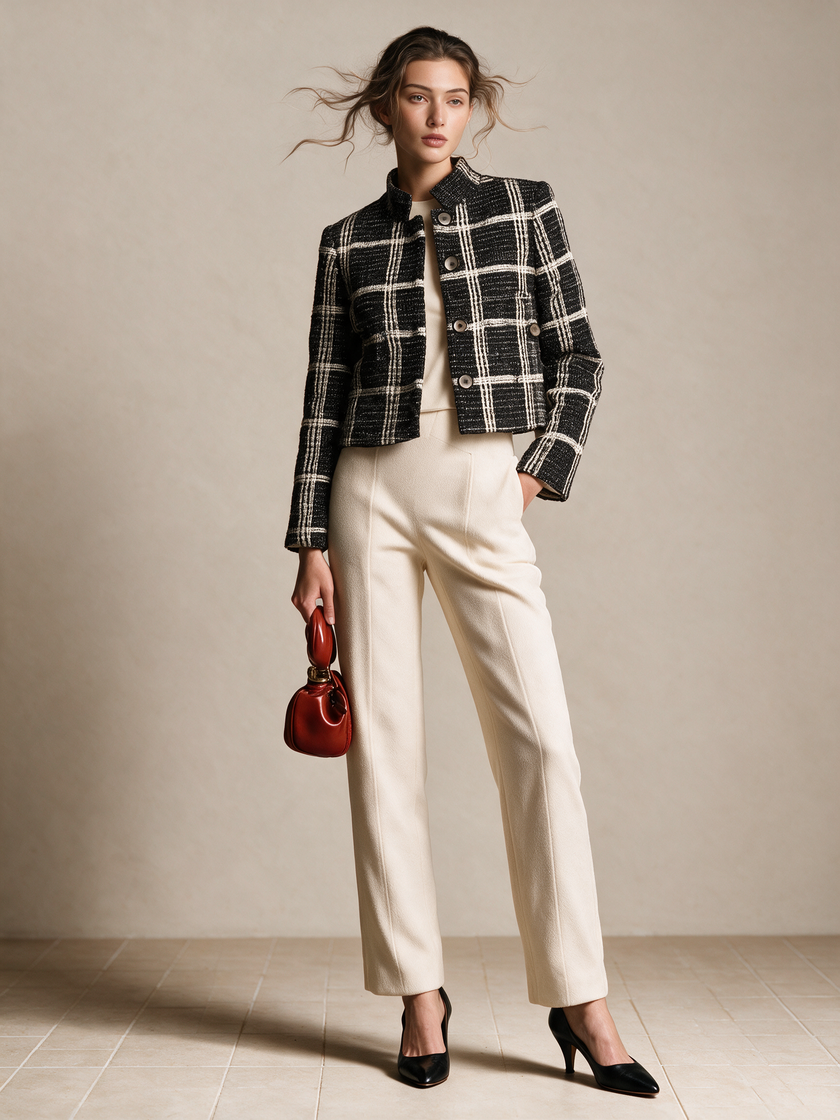 Women's Black & Cream Plaid Tweed Cropped Jacket With Stand Collar And Single‑Breasted Pearl‑Look Buttons