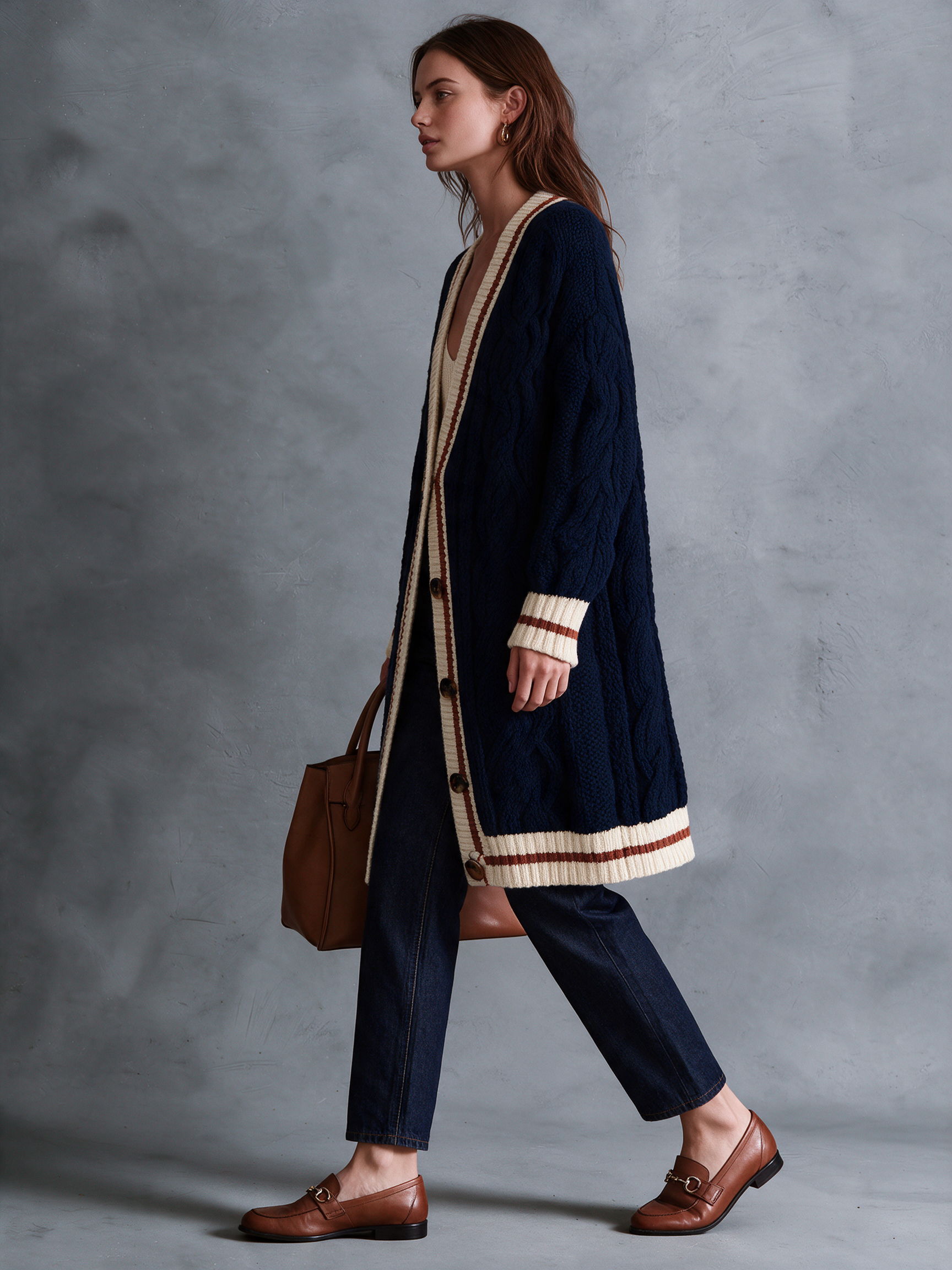 Women's Navy Wool Knit Longline Cable Cardigan With Contrast Varsity Stripe Trim And Tortoise Buttons