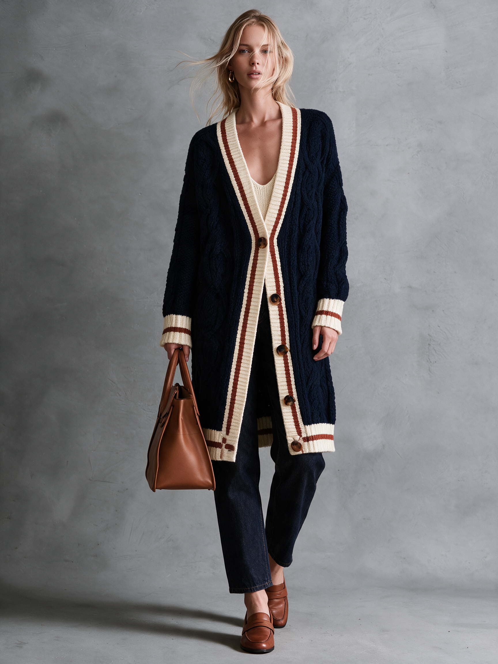 Women's Navy Wool Knit Longline Cable Cardigan With Contrast Varsity Stripe Trim And Tortoise Buttons