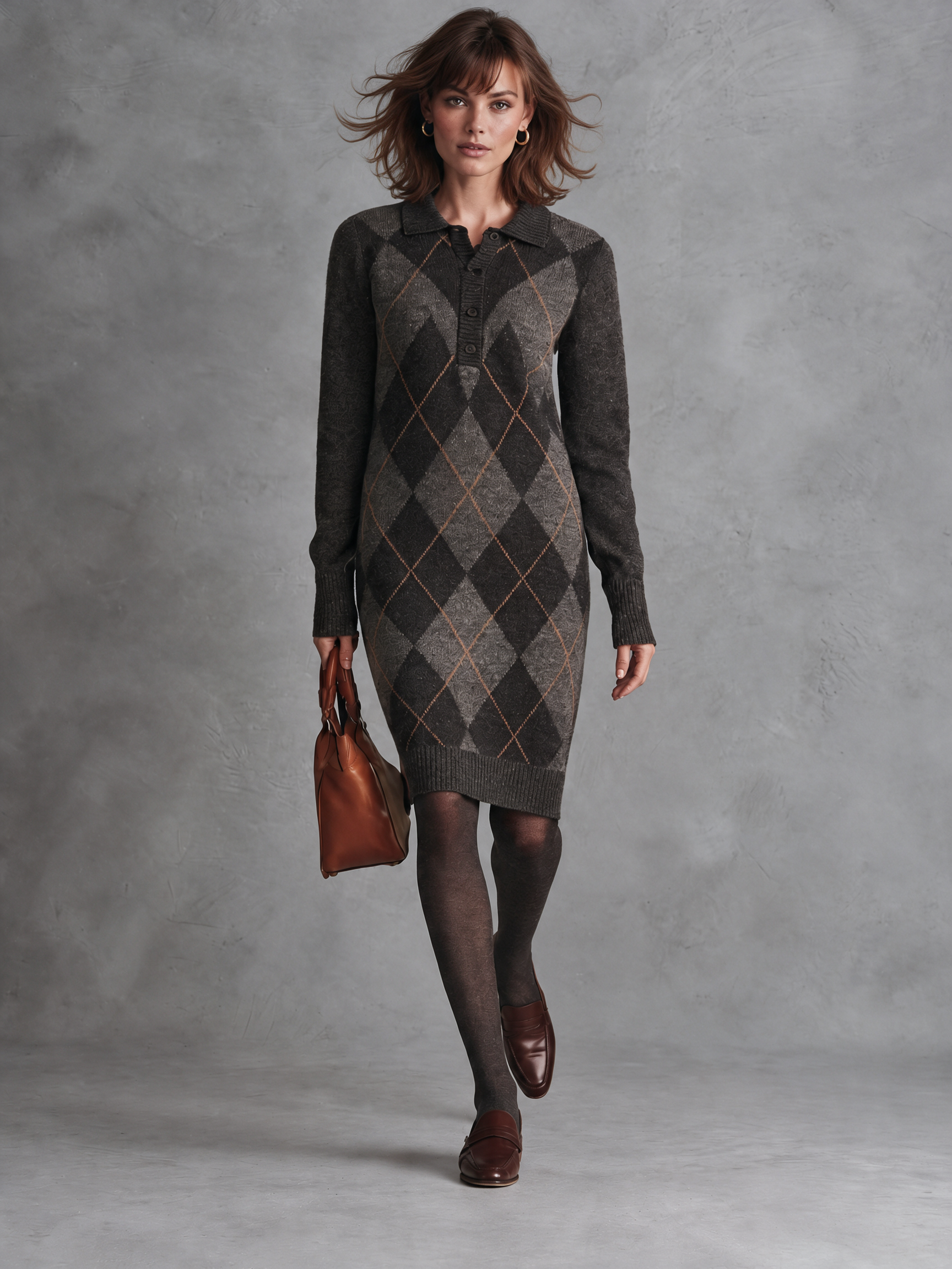 Women's Charcoal Argyle Wool Knit Polo‑Collar Half‑Button Long Sleeve Knee‑Length Sweater Dress
