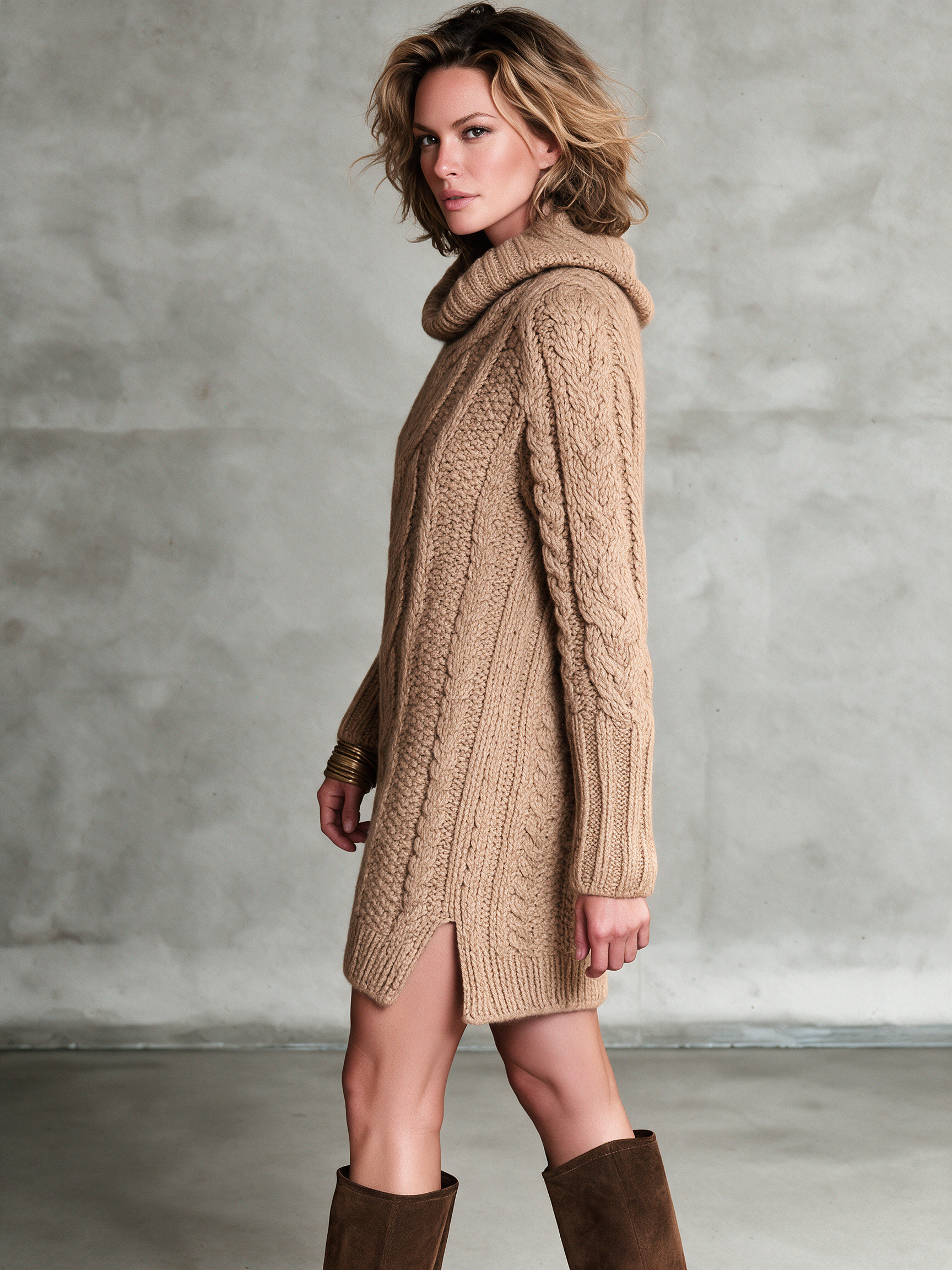 Women's Camel Wool Knit Cowl‑Neck Cable Knit Long Sleeve Mini Sweater Dress With Side Slits