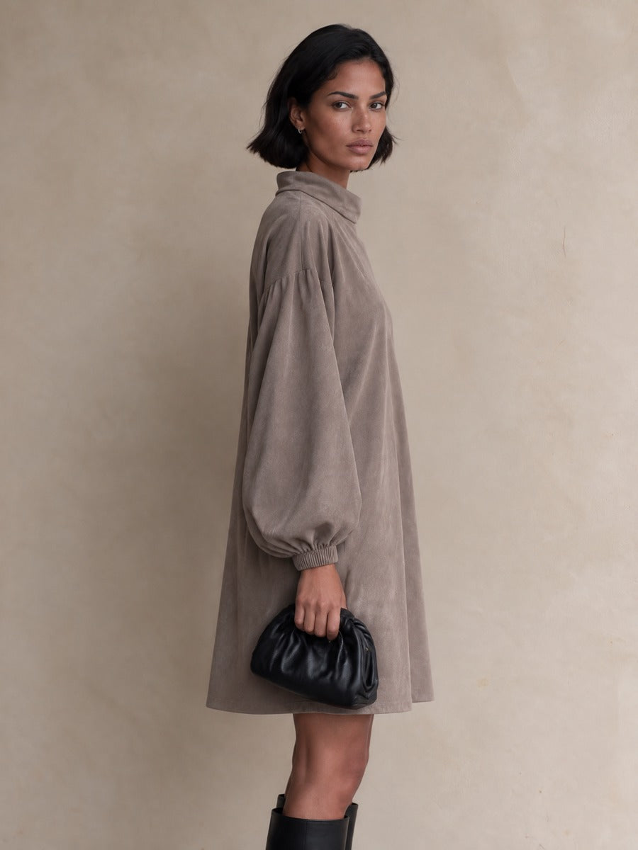 Women's Casual Asymmetric Button Balloon Sleeve Suede Mini Dress