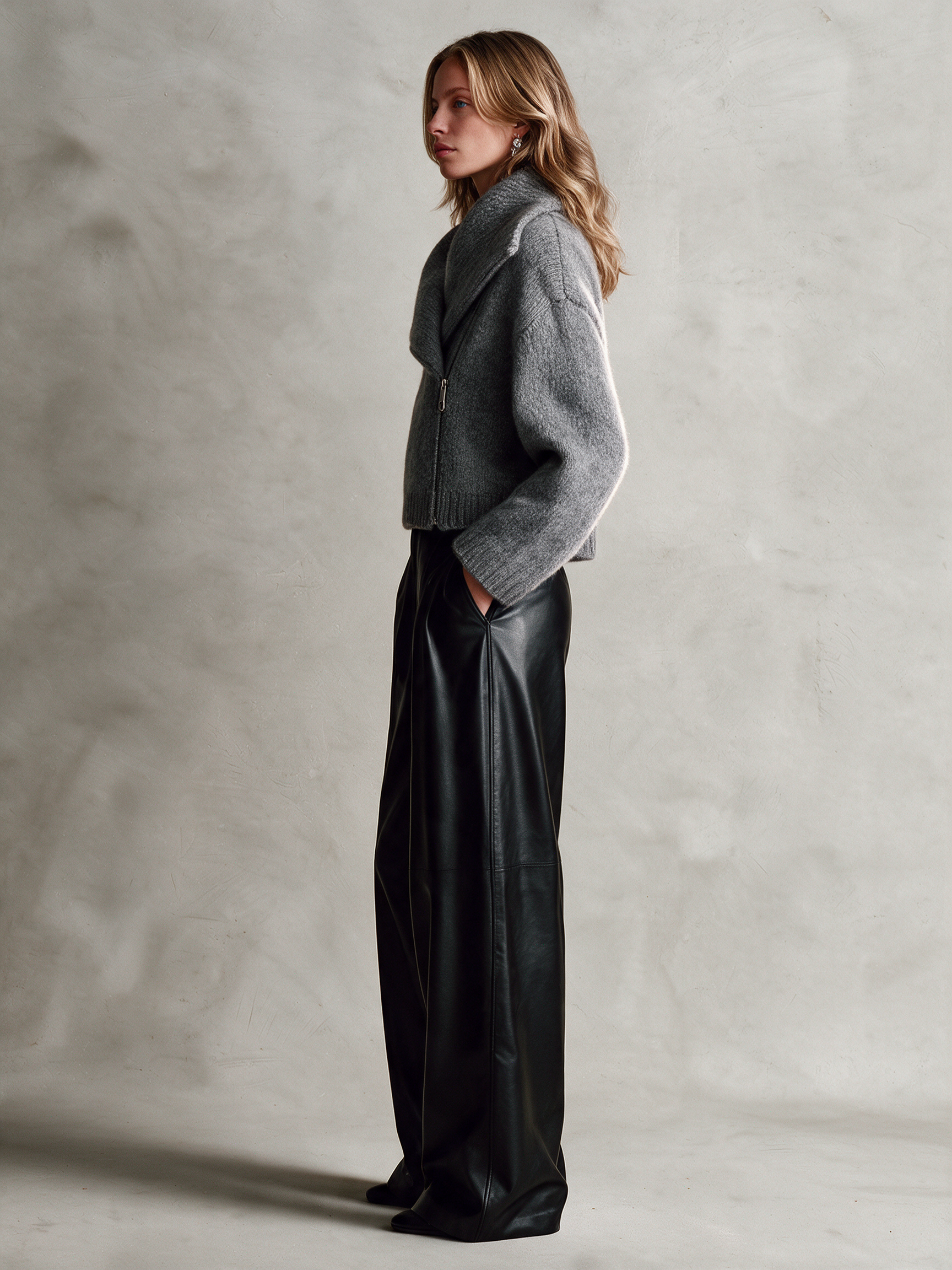 Women's Heather Gray Wool Knit Cropped Jacket With Oversized Shawl Collar And Asymmetric Zip Front