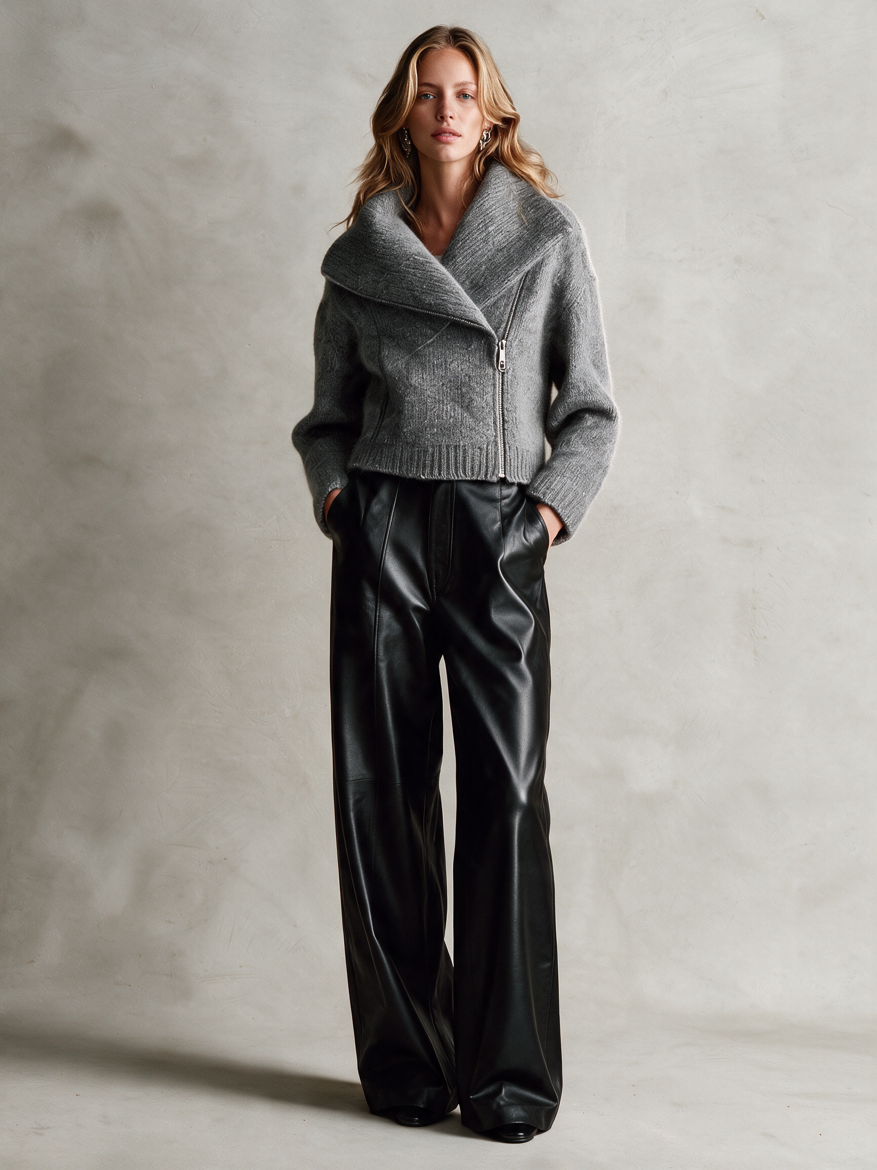Women's Heather Gray Wool Knit Cropped Jacket With Oversized Shawl Collar And Asymmetric Zip Front