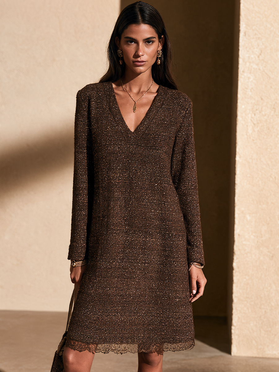 Women's Elegant Lace Trim V-Neck Tweed Mini Dress