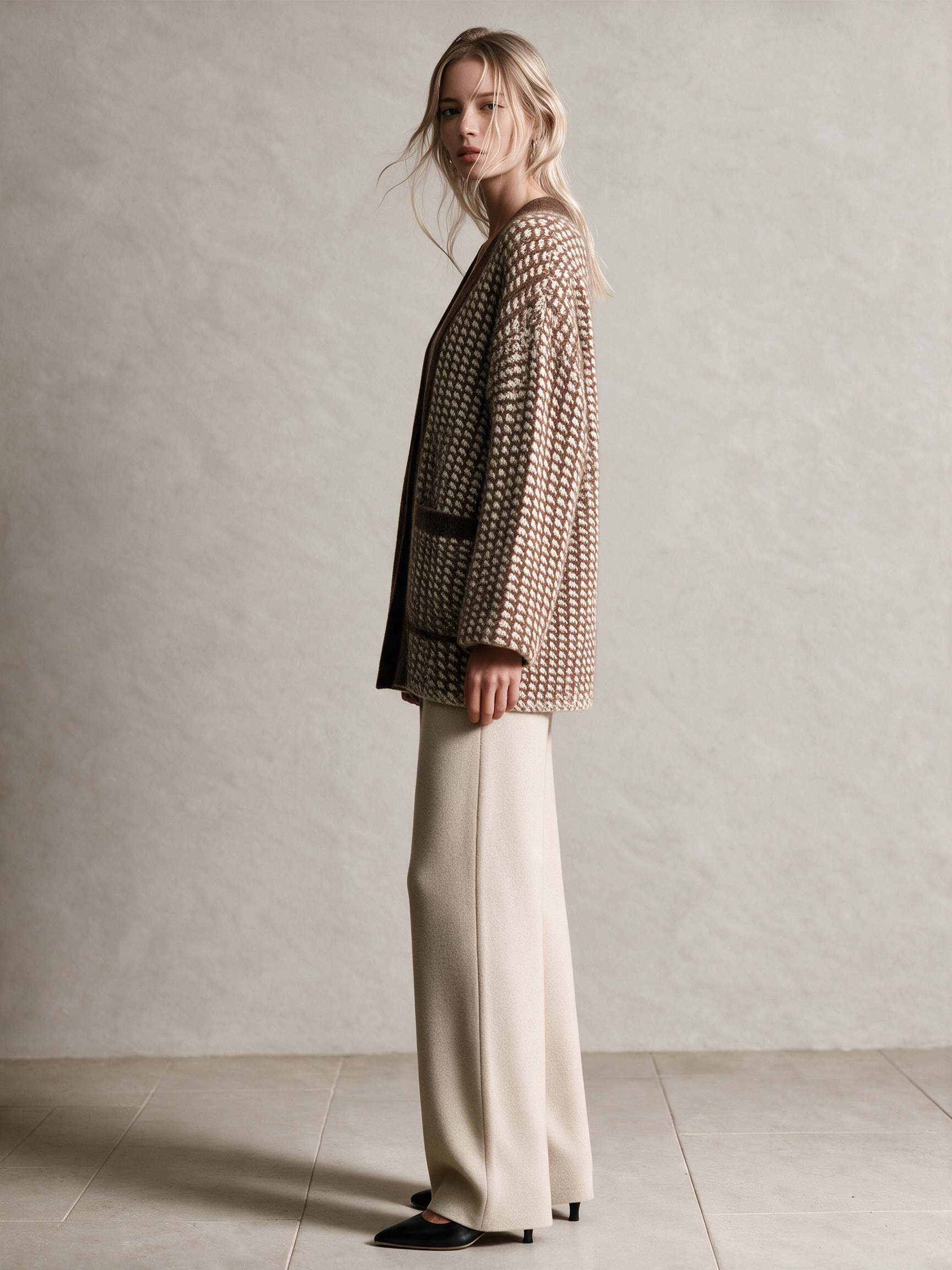 Women's Brown & Cream Houndstooth Wool Knit Open‑Front Cardigan With Patch Pockets And Contrast Fuzzy Trim