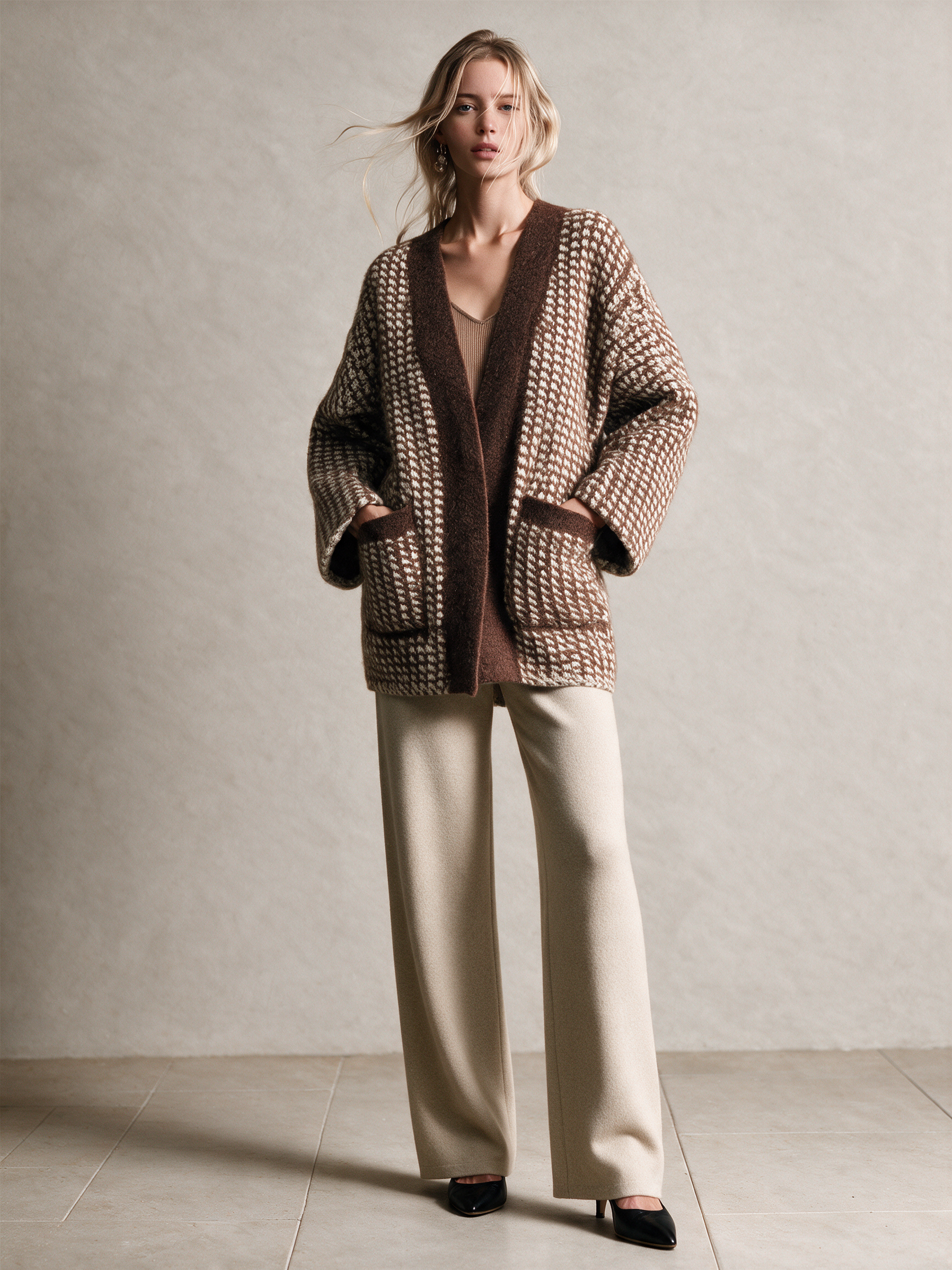 Women's Brown & Cream Houndstooth Wool Knit Open‑Front Cardigan With Patch Pockets And Contrast Fuzzy Trim