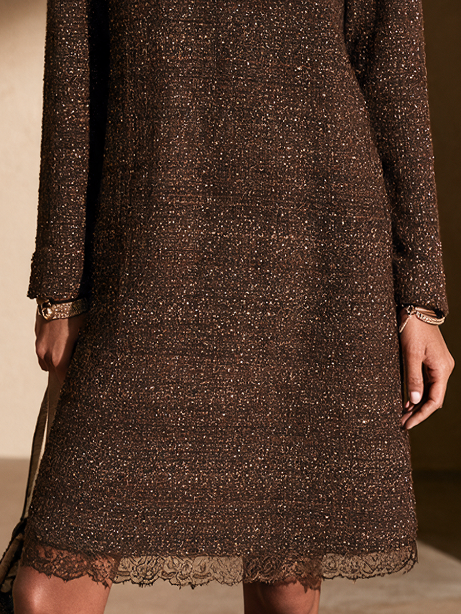 Women's Elegant Lace Trim V-Neck Tweed Mini Dress