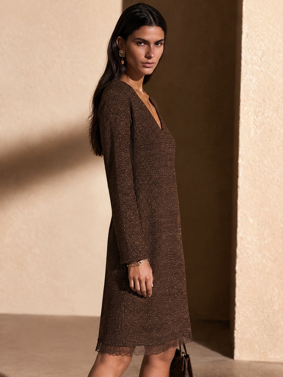 Women's Elegant Lace Trim V-Neck Tweed Mini Dress