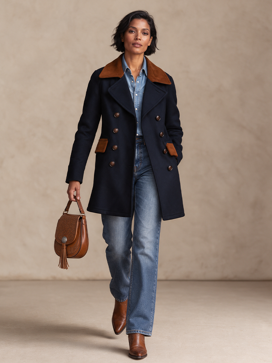 Women's Retro Contrast Collar Double-Breasted Woolen Coat