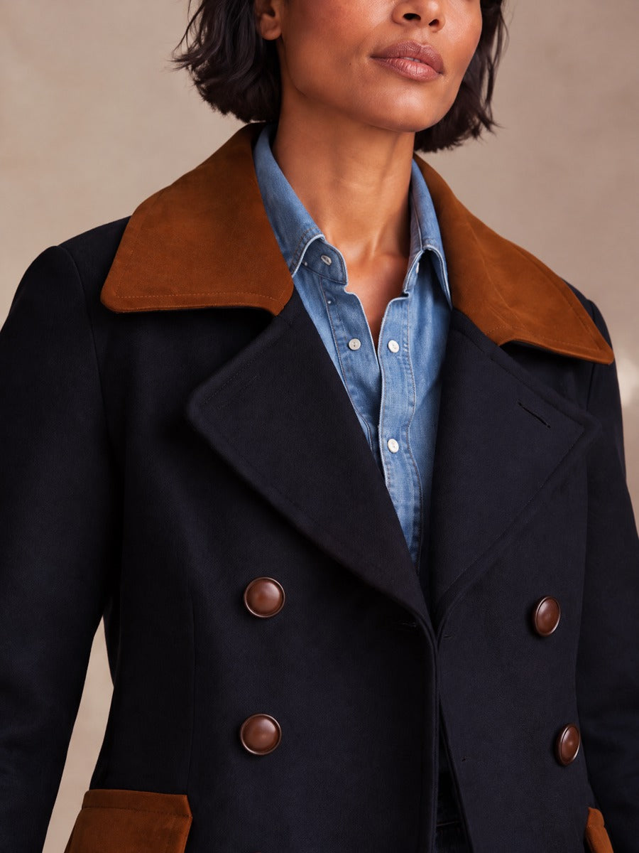 Women's Retro Contrast Collar Double-Breasted Woolen Coat
