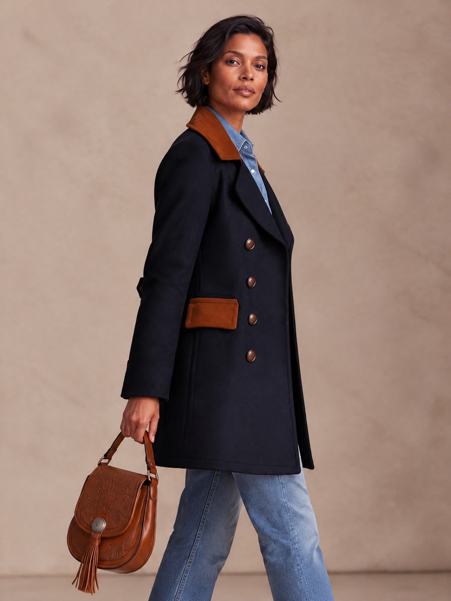 Women's Retro Contrast Collar Double-Breasted Woolen Coat