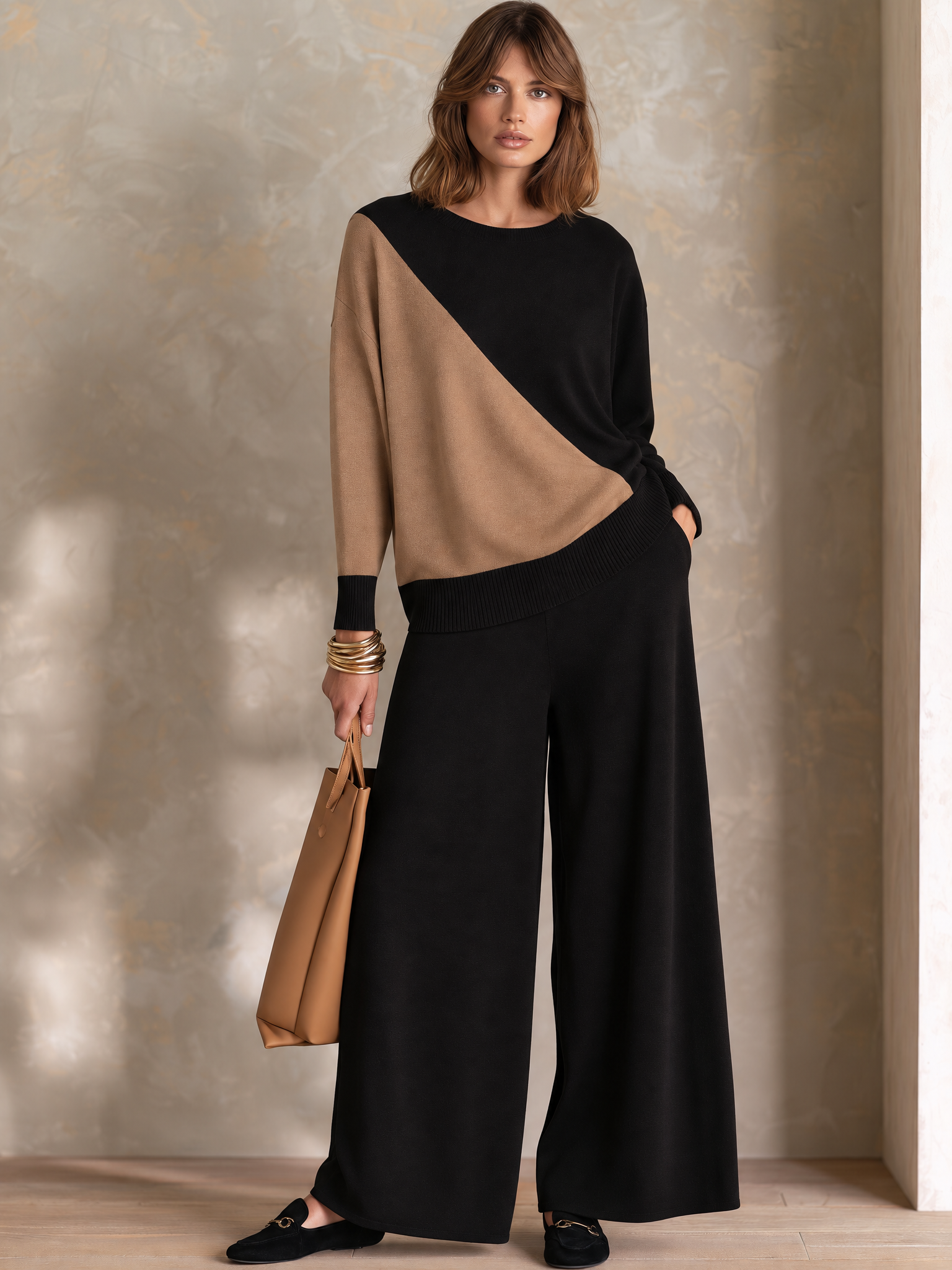 Women’s Elegant Asymmetric Color-Block Knit Set