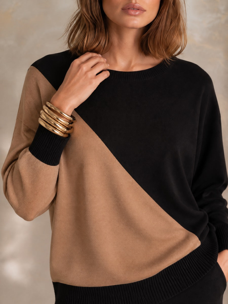 Women’s Elegant Asymmetric Color-Block Knit Set