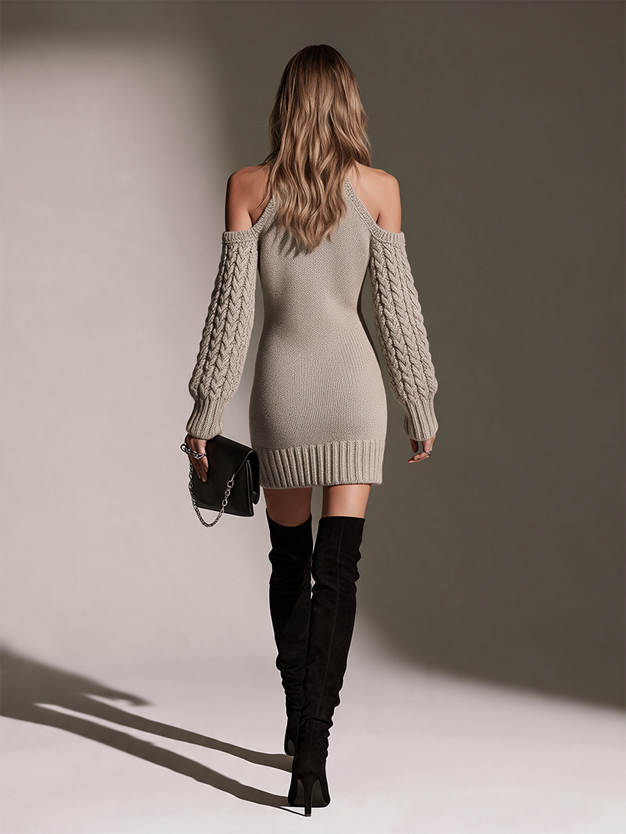 Women's Grey Turtleneck Cold-Shoulder Cable Sleeve Wool Knit Mini Dress